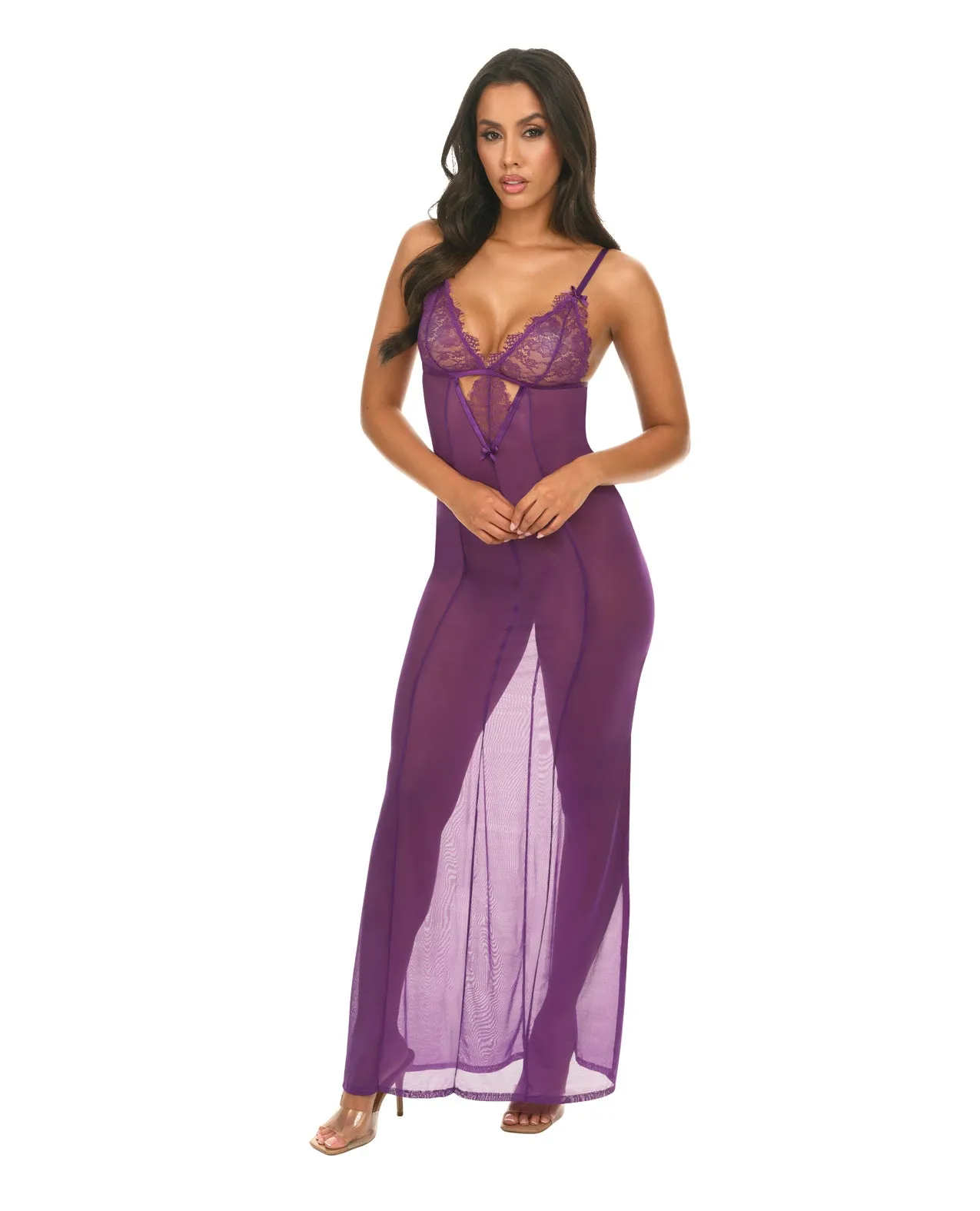 Katana Mesh & Eyelash Lace Gown - Purple