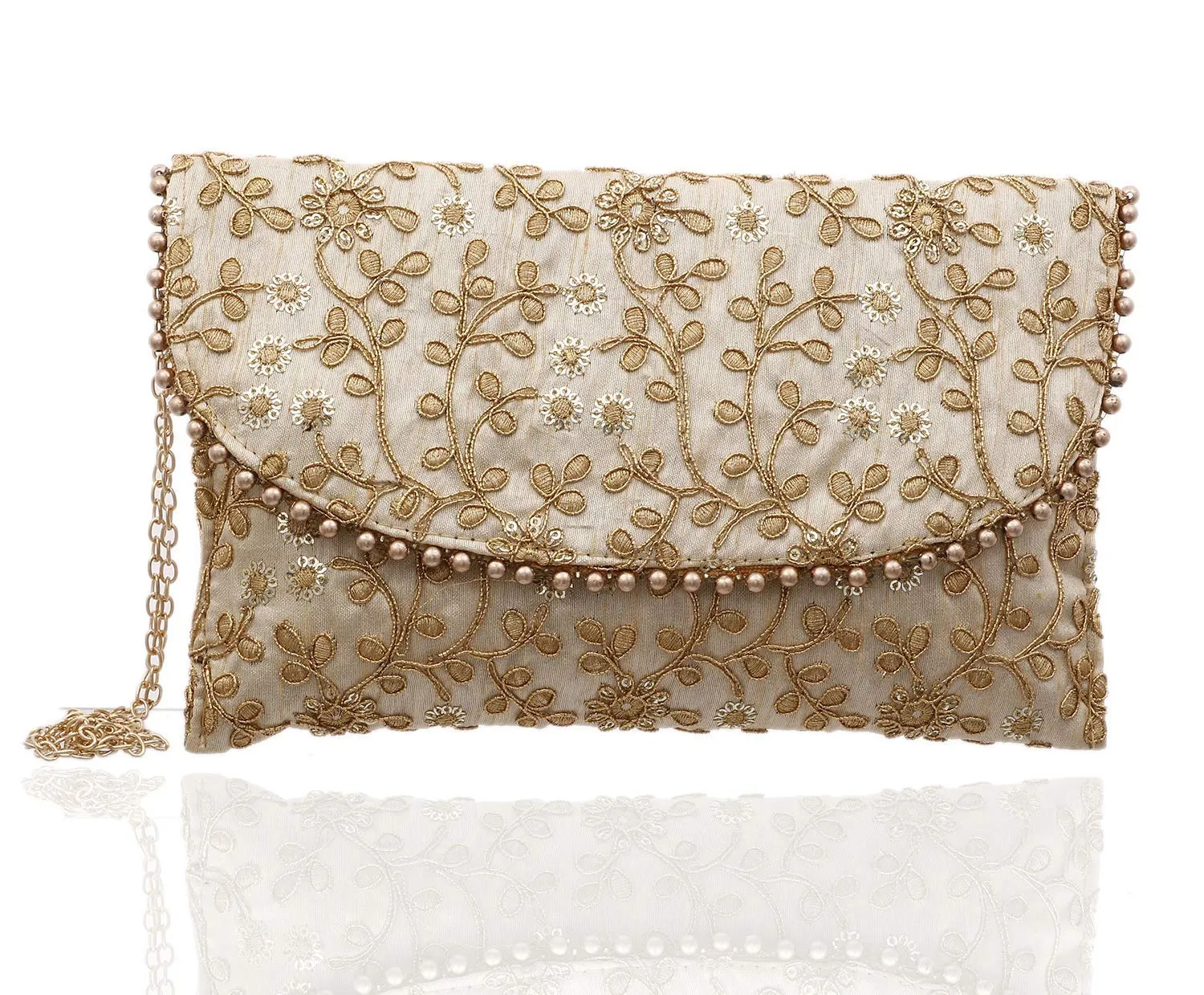 Kuber Industries Polyester Handcrafted Embroidered Women Clutch Women Handbag, Gold (CTKTC4329)