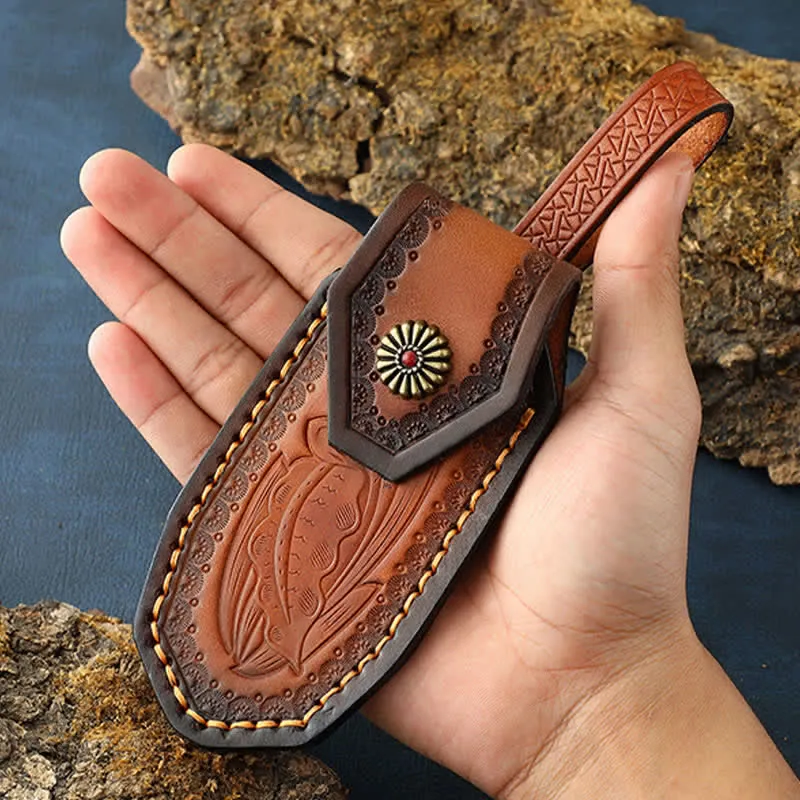 Leaves Embossing Pattern Folding Knife Sheath Leather Belt Bag