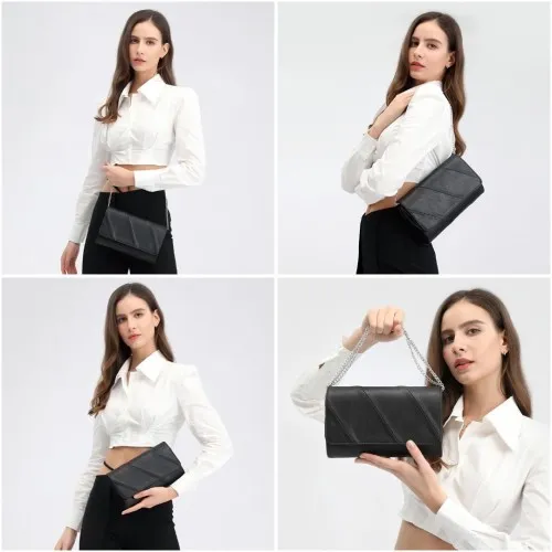 Miss Lulu Stylish Black Twill Clutch - Elegant Retro Chic Leather Chain Evening Bag for Formal Events