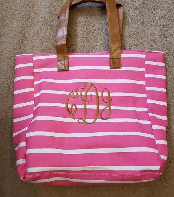 Monogram Striped Canvas Beach Tote Bag