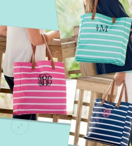 Monogram Striped Canvas Beach Tote Bag