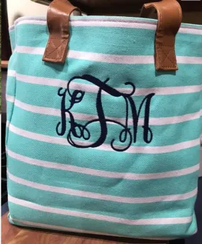 Monogram Striped Canvas Beach Tote Bag