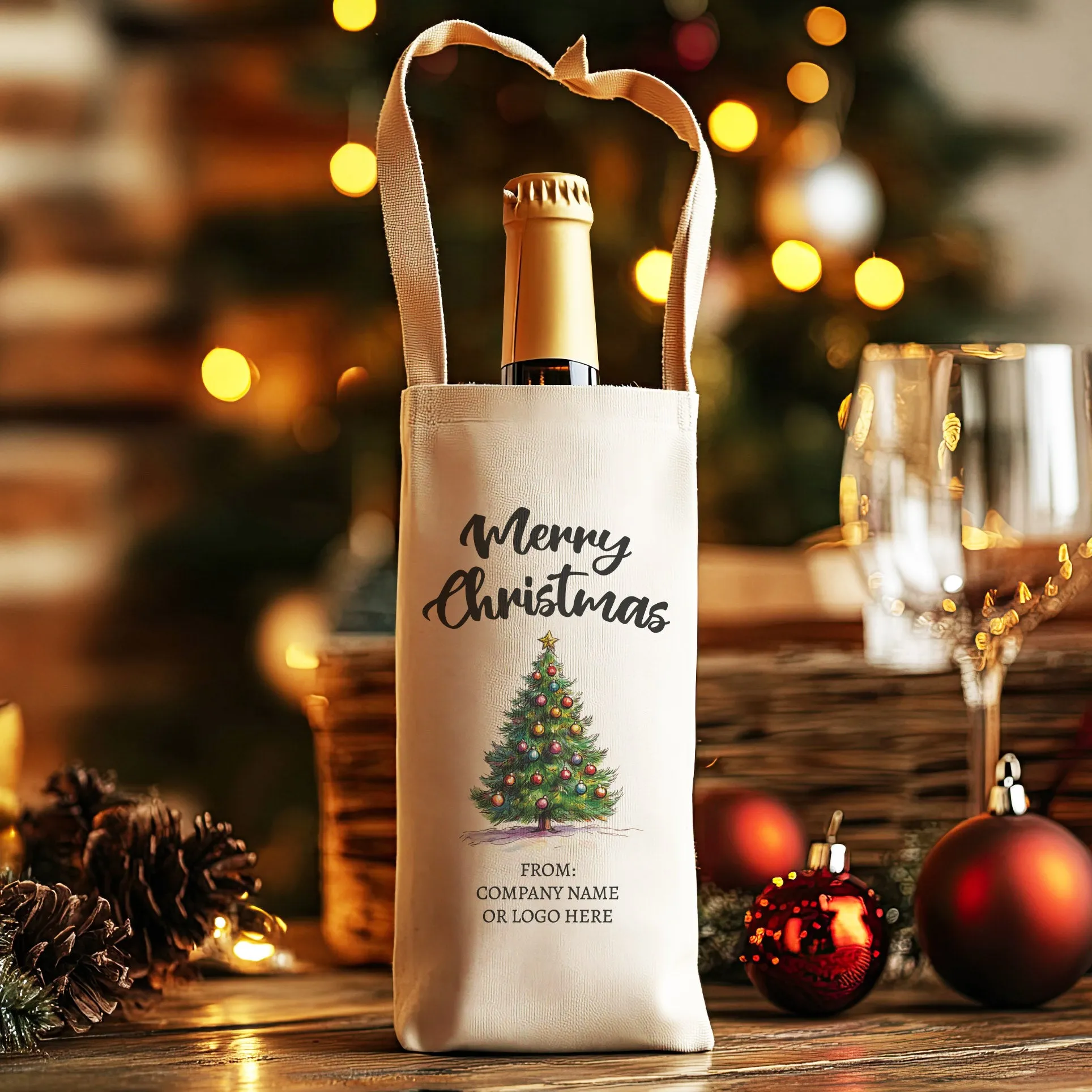 PERSONALISED - Merry Christmas Tree & Text - Christmas Bottle Bag