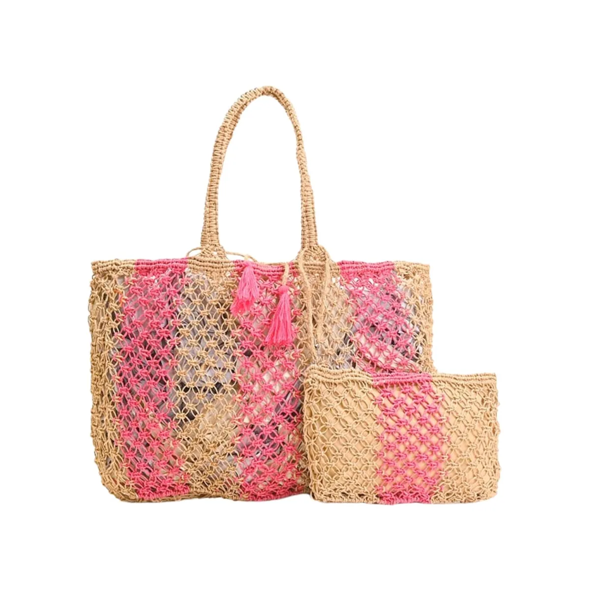 Pink 3 Stripe Macreme Jute Tote Bag with Zip Clutch