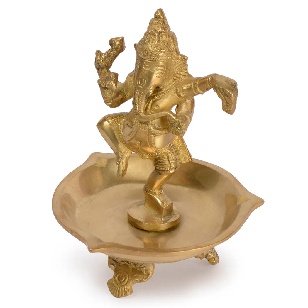 Premium Heavy Pure Brass Diya with Statue of Dancing Lord Ganesh (Height - 7 Inch, Wt - 1Kg)