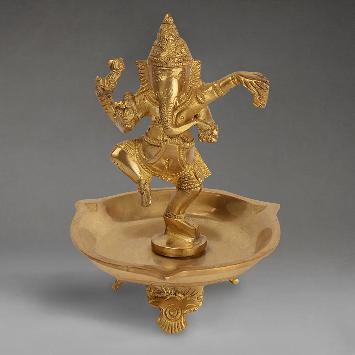 Premium Heavy Pure Brass Diya with Statue of Dancing Lord Ganesh (Height - 7 Inch, Wt - 1Kg)