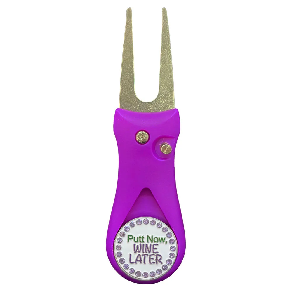 Putt Now Wine Later Golf Ball Marker With Colored Divot Repair Tool