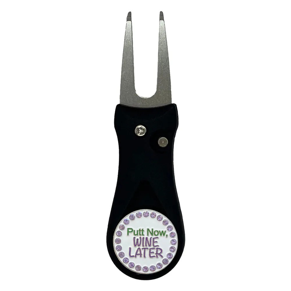 Putt Now Wine Later Golf Ball Marker With Colored Divot Repair Tool