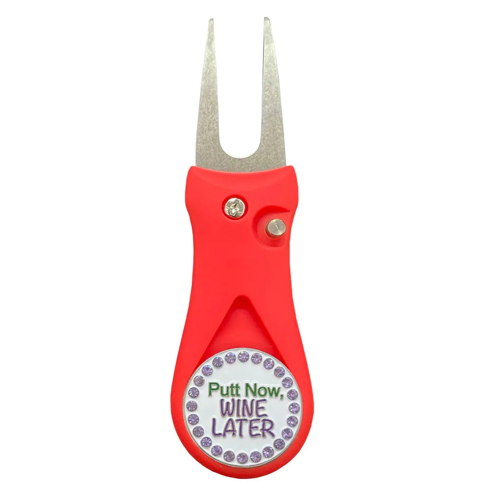 Putt Now Wine Later Golf Ball Marker With Colored Divot Repair Tool