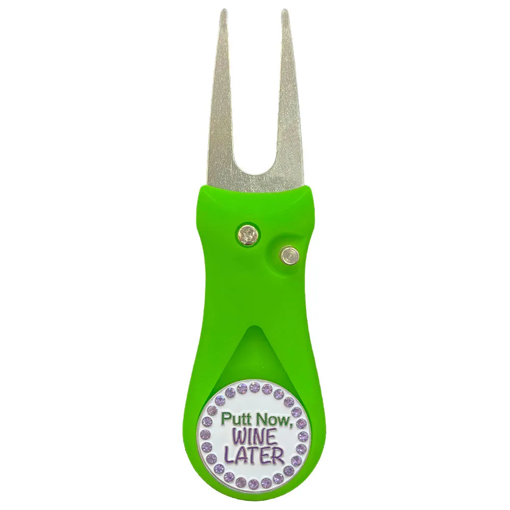 Putt Now Wine Later Golf Ball Marker With Colored Divot Repair Tool