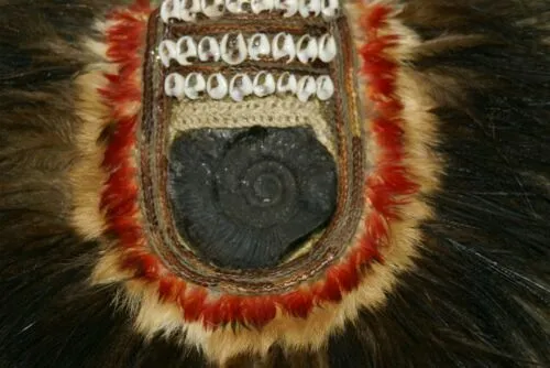 Rare Body Art : Dani Big Man Pectoral Trophy, Bride Price, Currency, Feud Payment Collectible: Ammonite, Cassowary, Seed beads, Bark Twine, Hand Carved Ancestor Face etc… late 1900’s. Museum Quality, Baliem Valley, Irian Jaya, New Guinea.