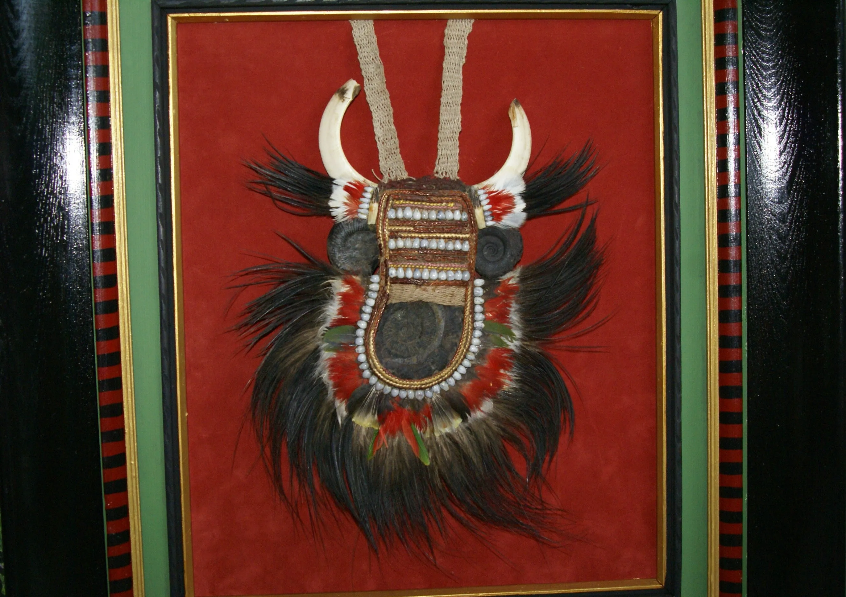 Rare Body Art : Dani “Big Man” Pectoral Trophy, Bride Price, Currency, Feud Payment, Highly Collectible: Ammonite, Boar Tusks, Cassowary, Seed beads, Bark Twine etc… Custom framed, 28” x 24 ½”, Collected in the late 1900’s. Museum Quality, New Guinea.