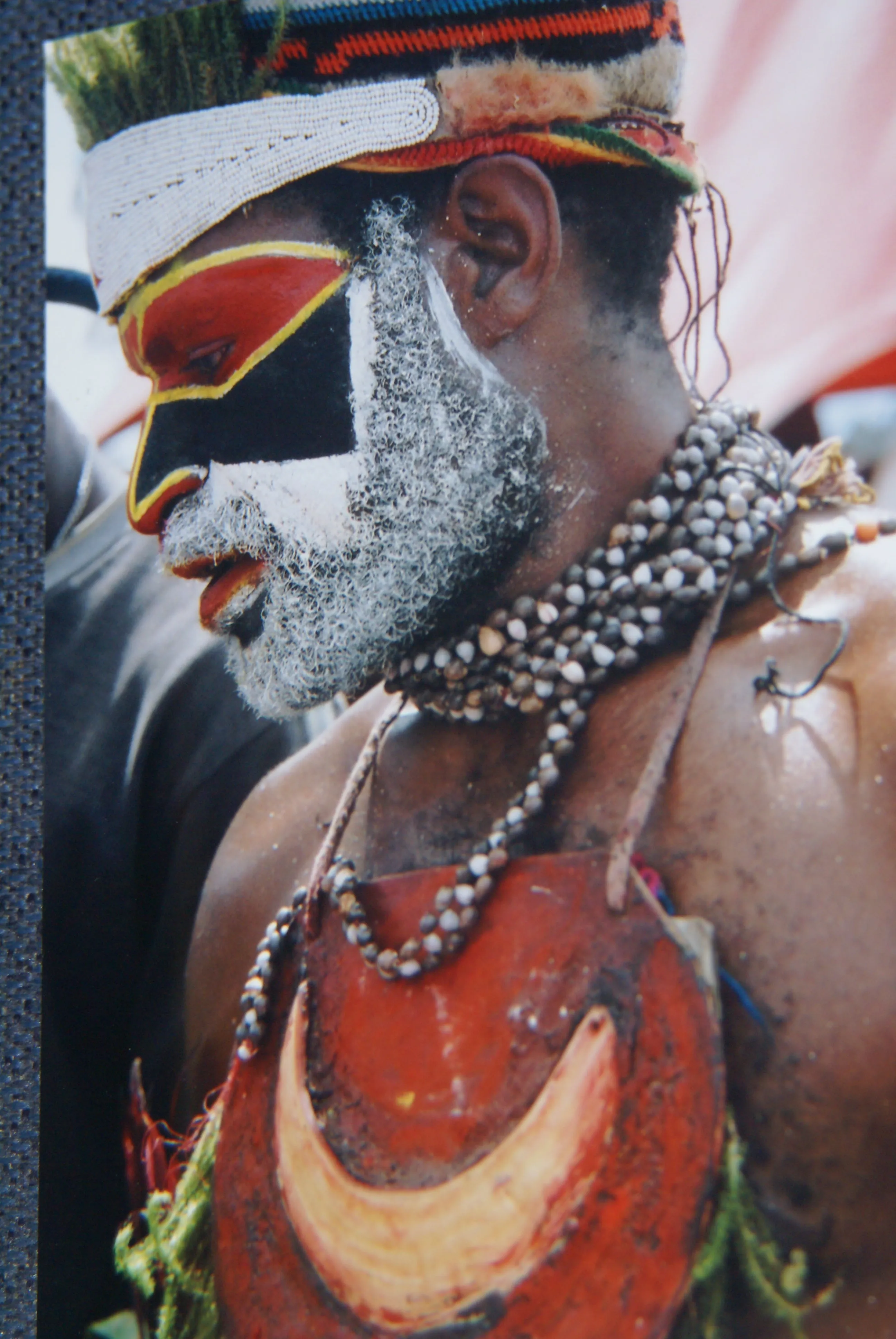 Rare Body Art : Dani “Big Man” Pectoral Trophy, Bride Price, Currency, Feud Payment, Highly Collectible: Ammonite, Boar Tusks, Cassowary, Seed beads, Bark Twine etc… Custom framed, 28” x 24 ½”, Collected in the late 1900’s. Museum Quality, New Guinea.