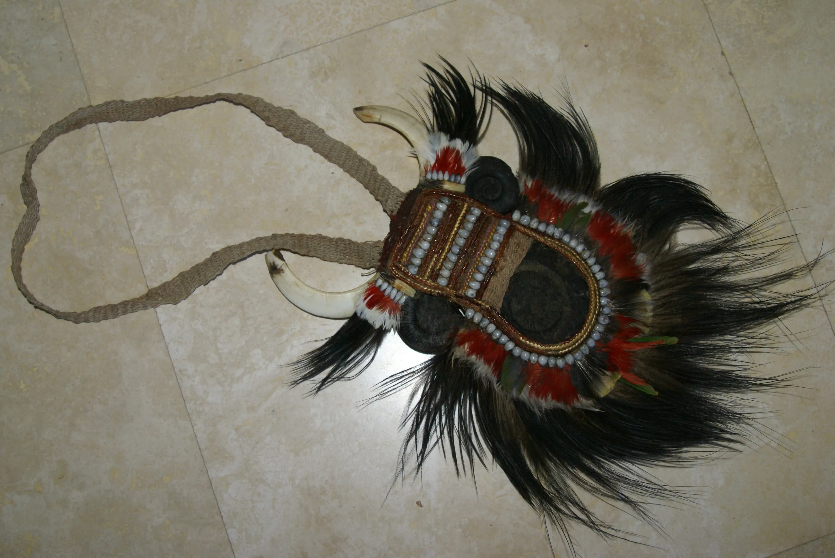 Rare Body Art : Dani “Big Man” Pectoral Trophy, Bride Price, Currency, Feud Payment, Highly Collectible: Ammonite, Boar Tusks, Cassowary, Seed beads, Bark Twine etc… Custom framed, 28” x 24 ½”, Collected in the late 1900’s. Museum Quality, New Guinea.