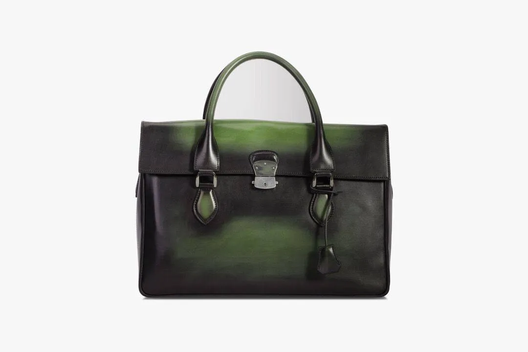 Smooth Cowhide Leather Foldover Briefcase Vintage Green