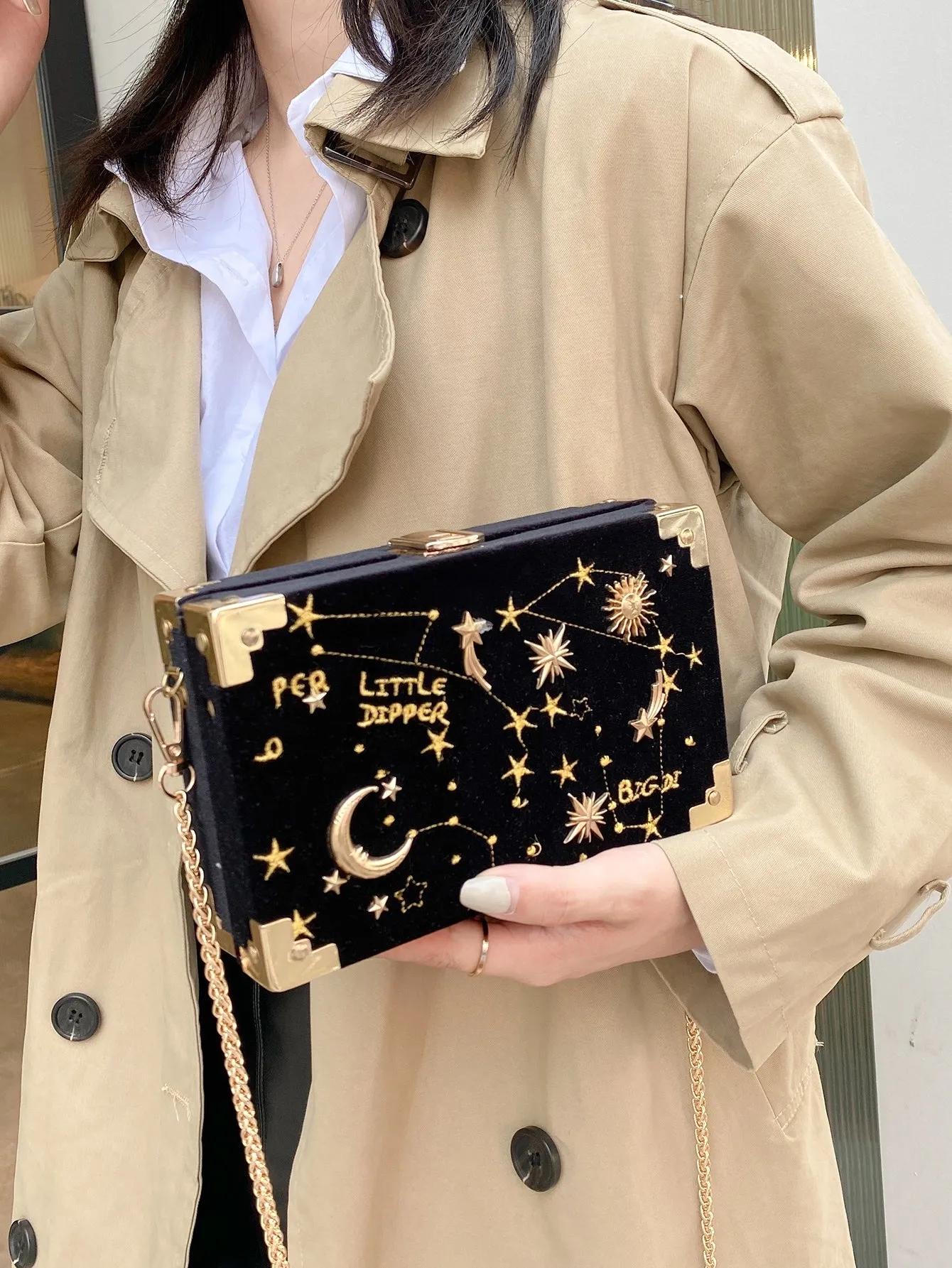 Star & Moon Embroidered Box Clutch Bag