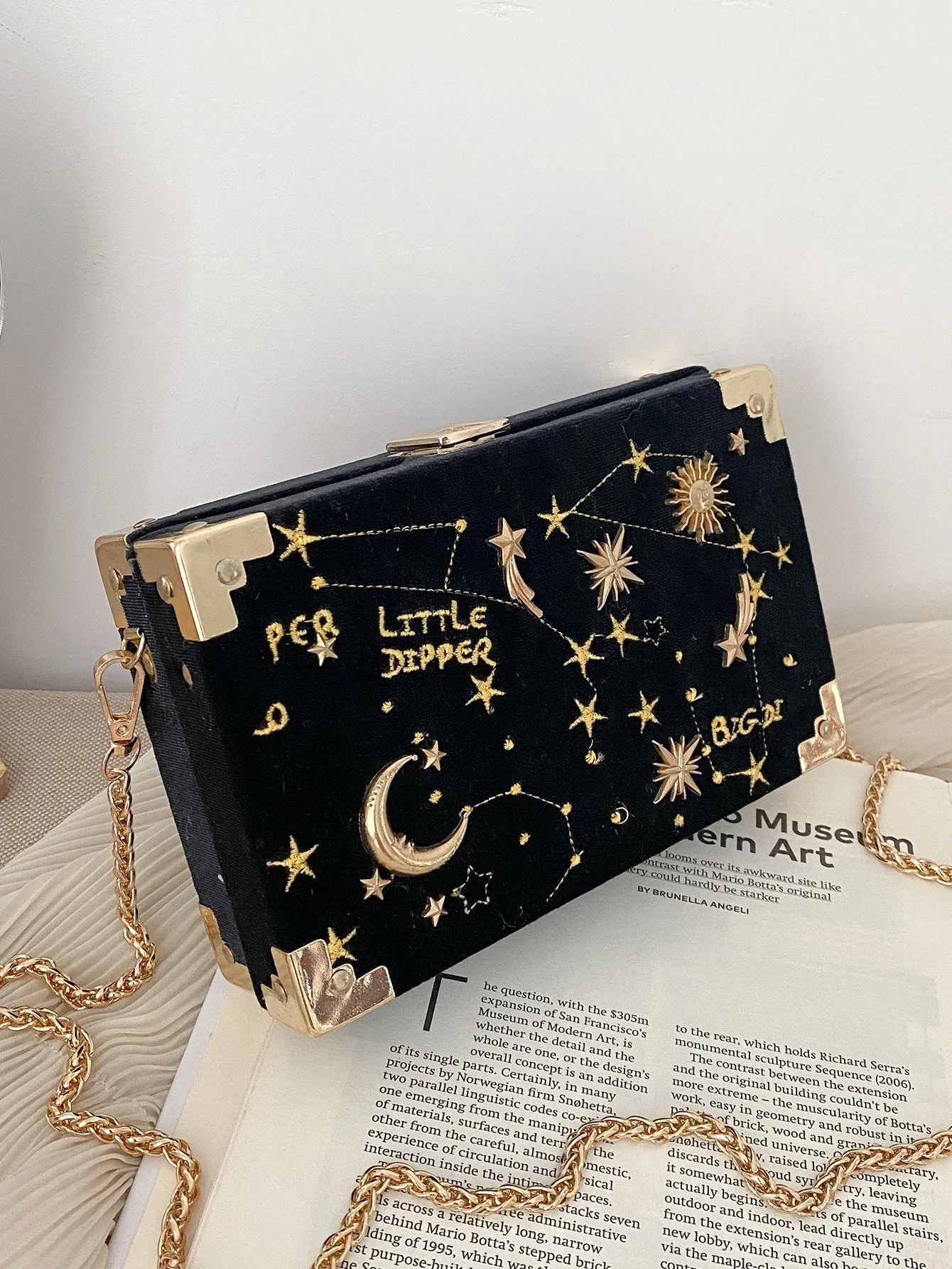 Star & Moon Embroidered Box Clutch Bag