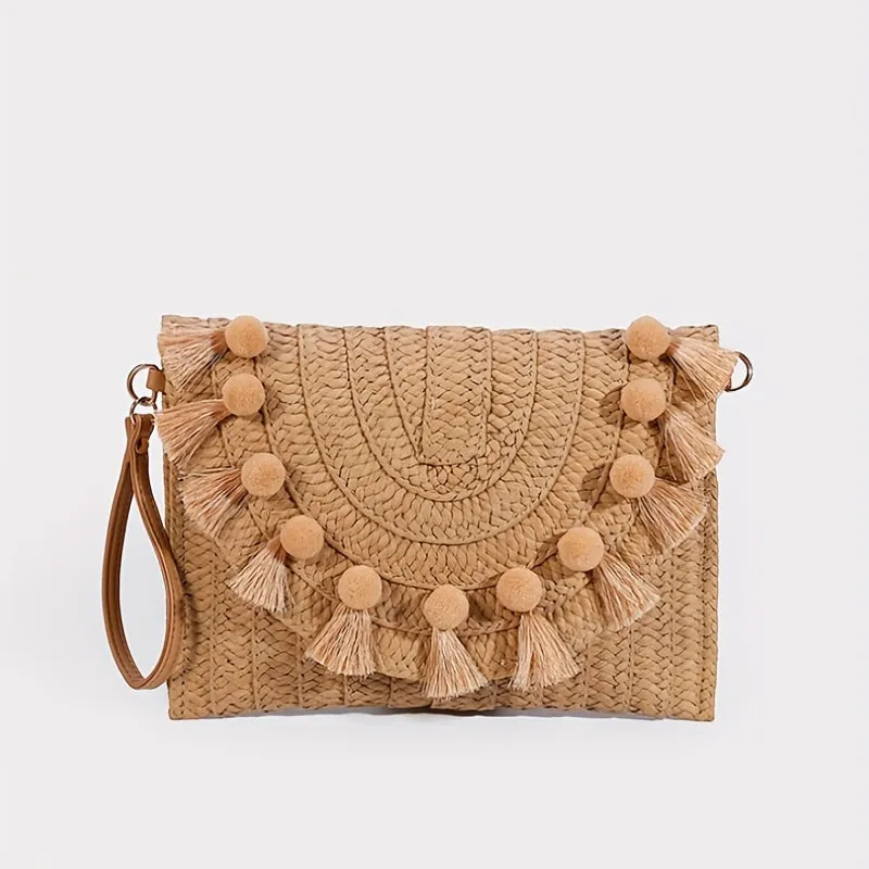 Stylish Rattan Envelope Clutch Bag - Buckle Closure, Polyester Lining, Plastic Material, Perfect for Summer Beach Travel and Vacation - Womens Wrist Bag for Everyday Use