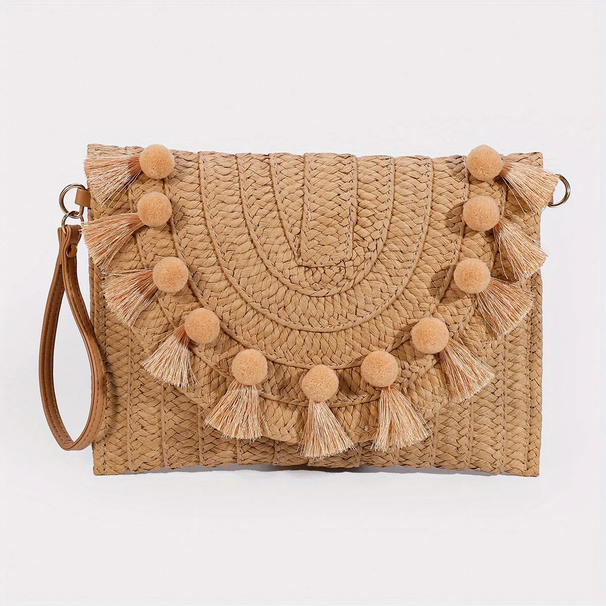 Stylish Rattan Envelope Clutch Bag - Buckle Closure, Polyester Lining, Plastic Material, Perfect for Summer Beach Travel and Vacation - Womens Wrist Bag for Everyday Use