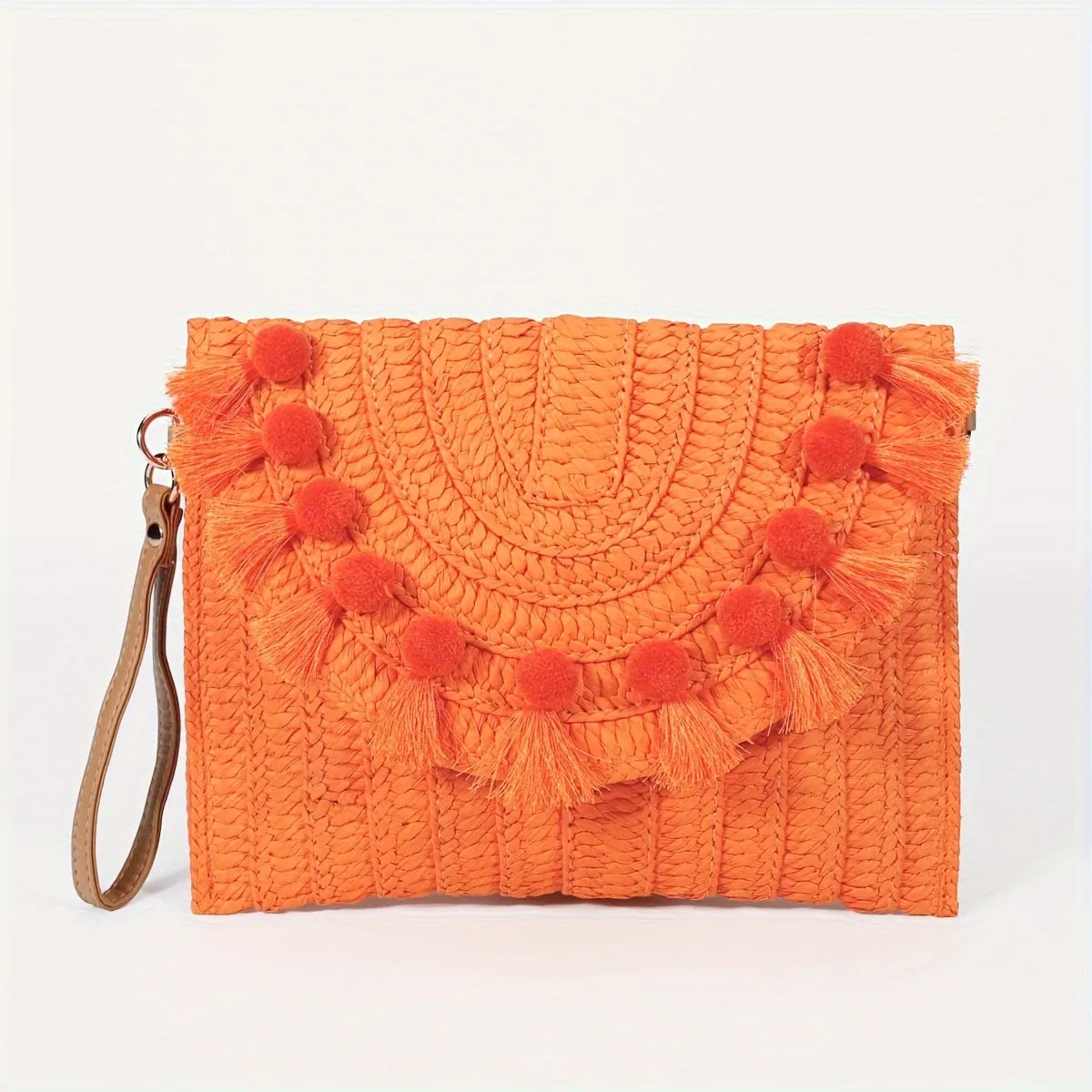 Stylish Rattan Envelope Clutch Bag - Buckle Closure, Polyester Lining, Plastic Material, Perfect for Summer Beach Travel and Vacation - Womens Wrist Bag for Everyday Use