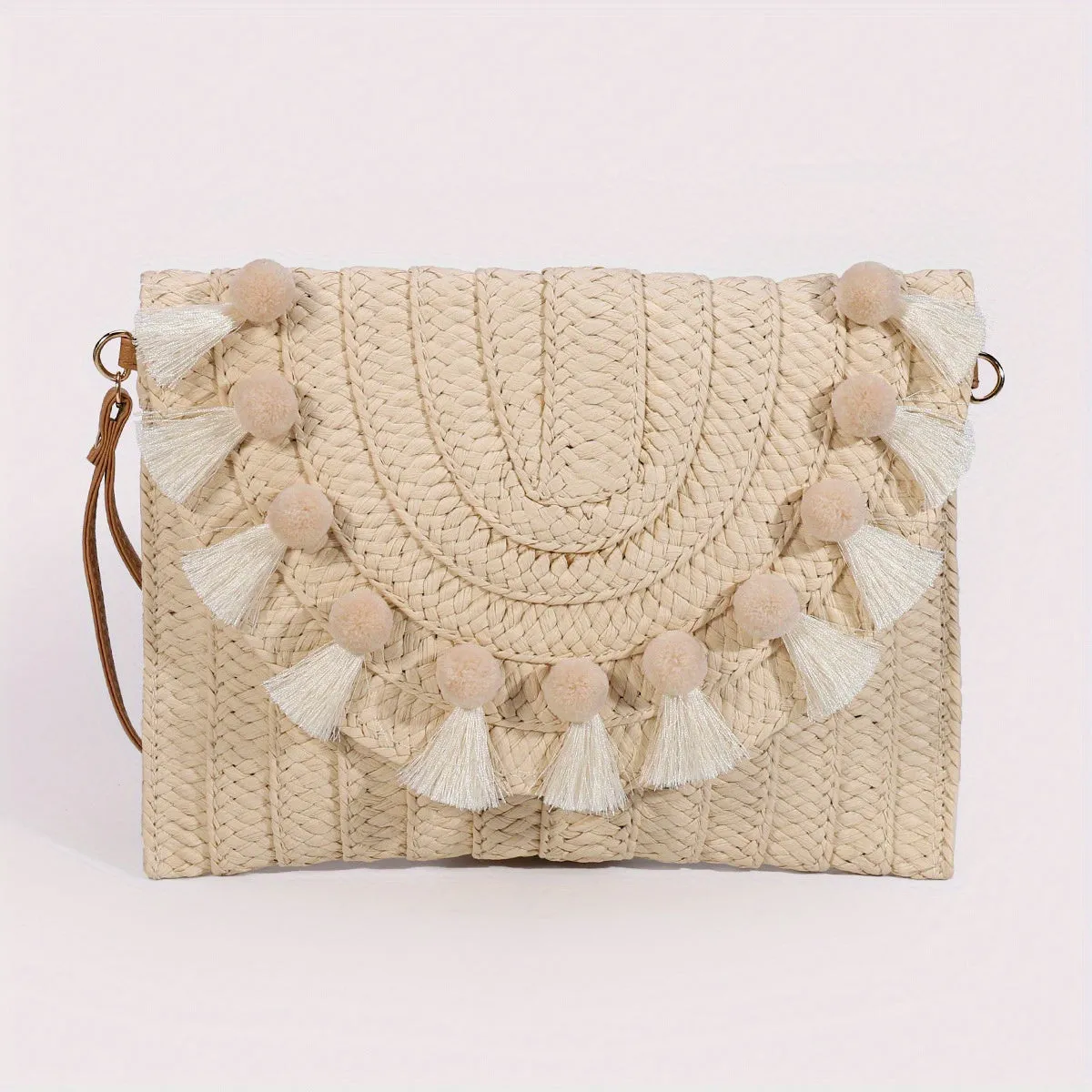 Stylish Rattan Envelope Clutch Bag - Buckle Closure, Polyester Lining, Plastic Material, Perfect for Summer Beach Travel and Vacation - Womens Wrist Bag for Everyday Use