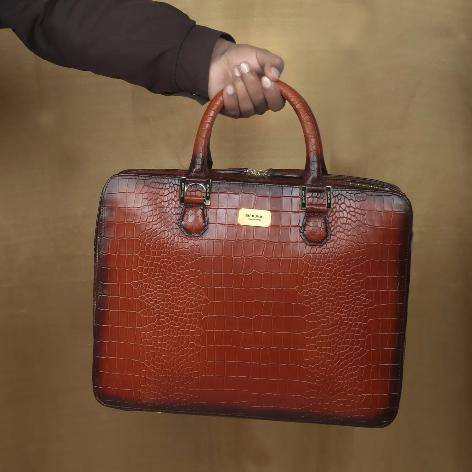 Tan Office Briefcase with Organizer Compartment in Deep Cut Croco Leather