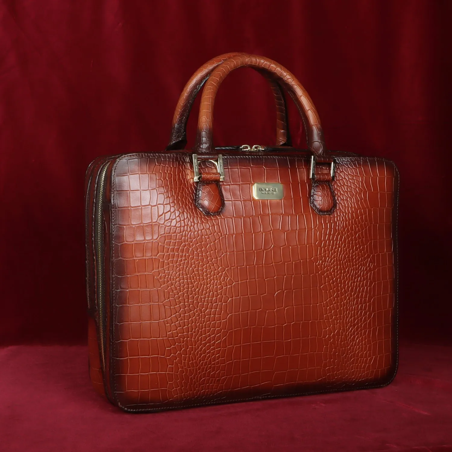 Tan Office Briefcase with Organizer Compartment in Deep Cut Croco Leather