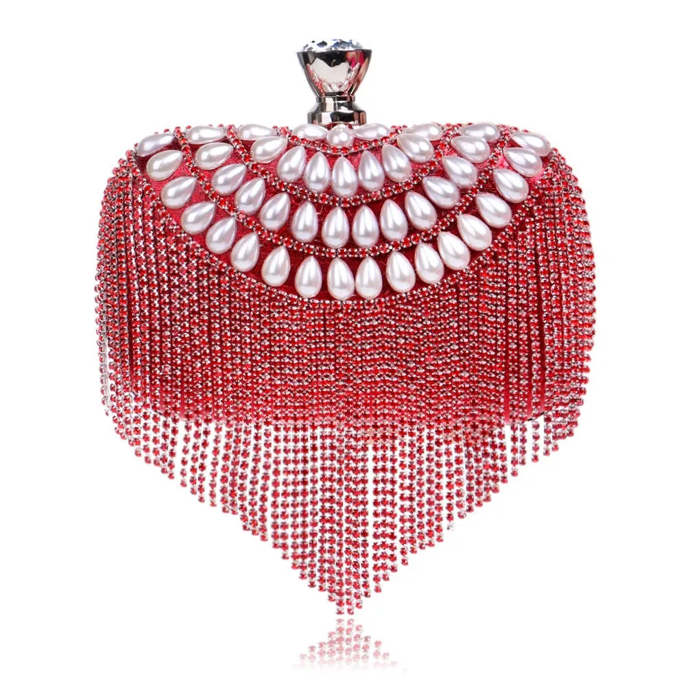 Tassel Rhinestones Clutch Women Evening Bags Beaded Handbags with Pearls