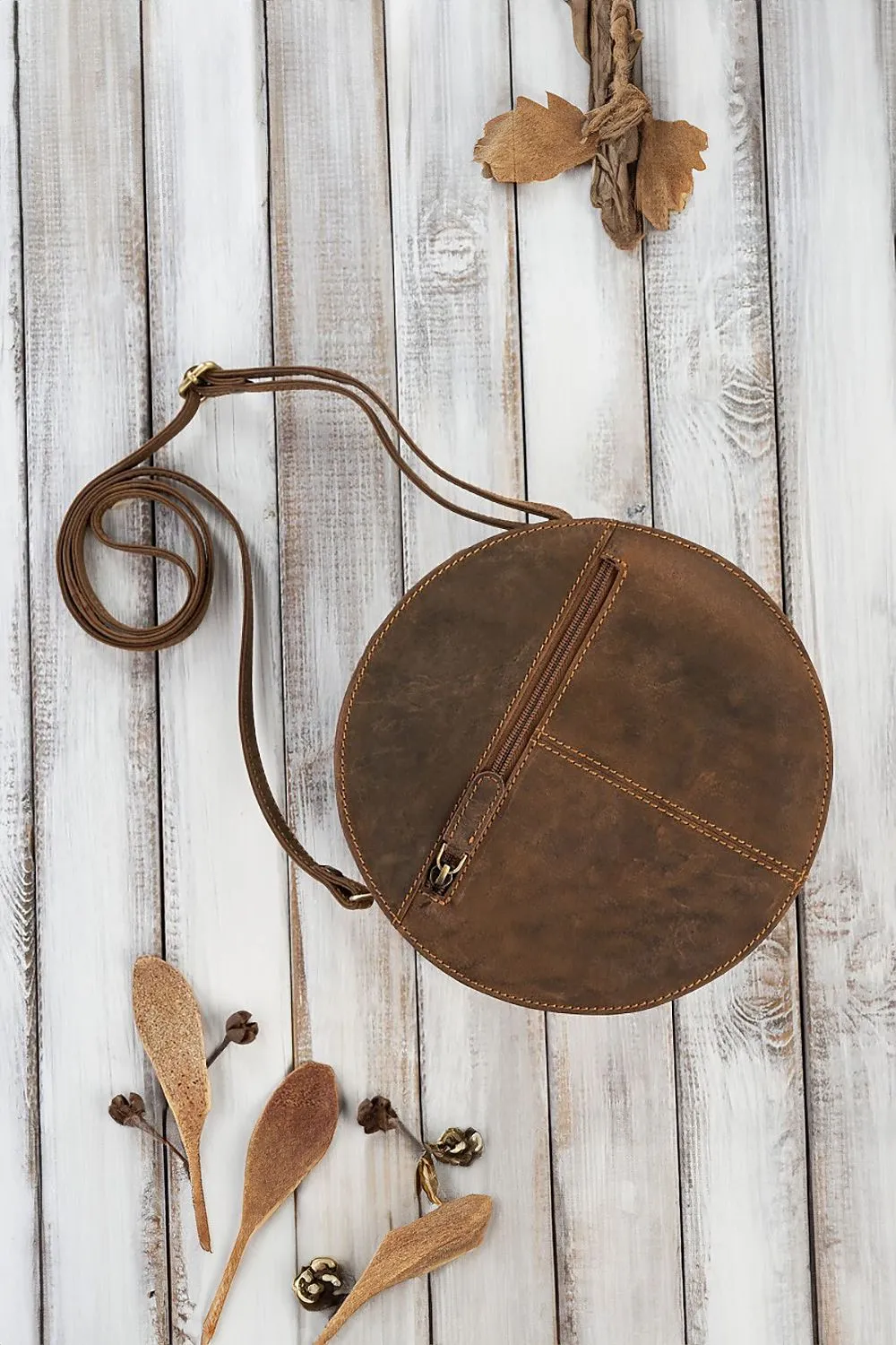 TEEK - Round Natural Leather Front Flap Bag