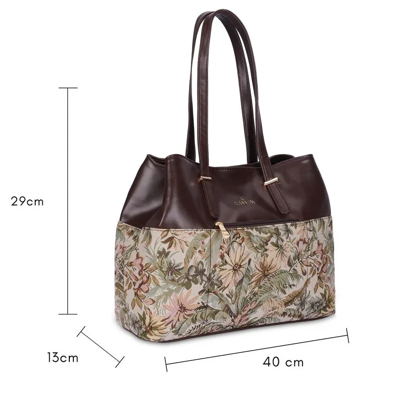 THE CLOWNFISH Calista Tapestry & Faux Leather Handbag for Women Office Bag Ladies Shoulder Bag Tote For Women College Girls (Beige)