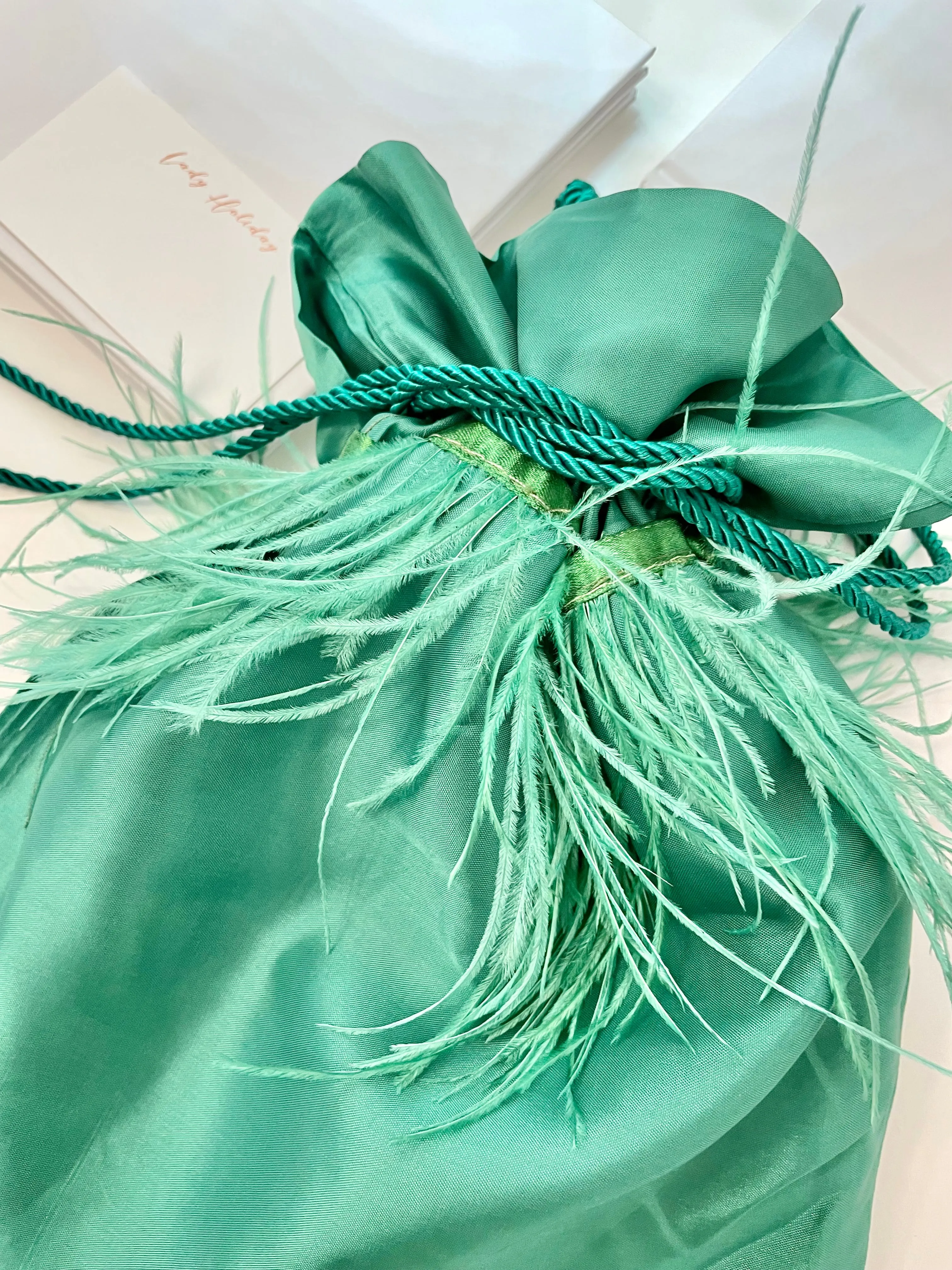 Vintage Italian emerald satin bag, adorned with ostrich feathers...so elegant!