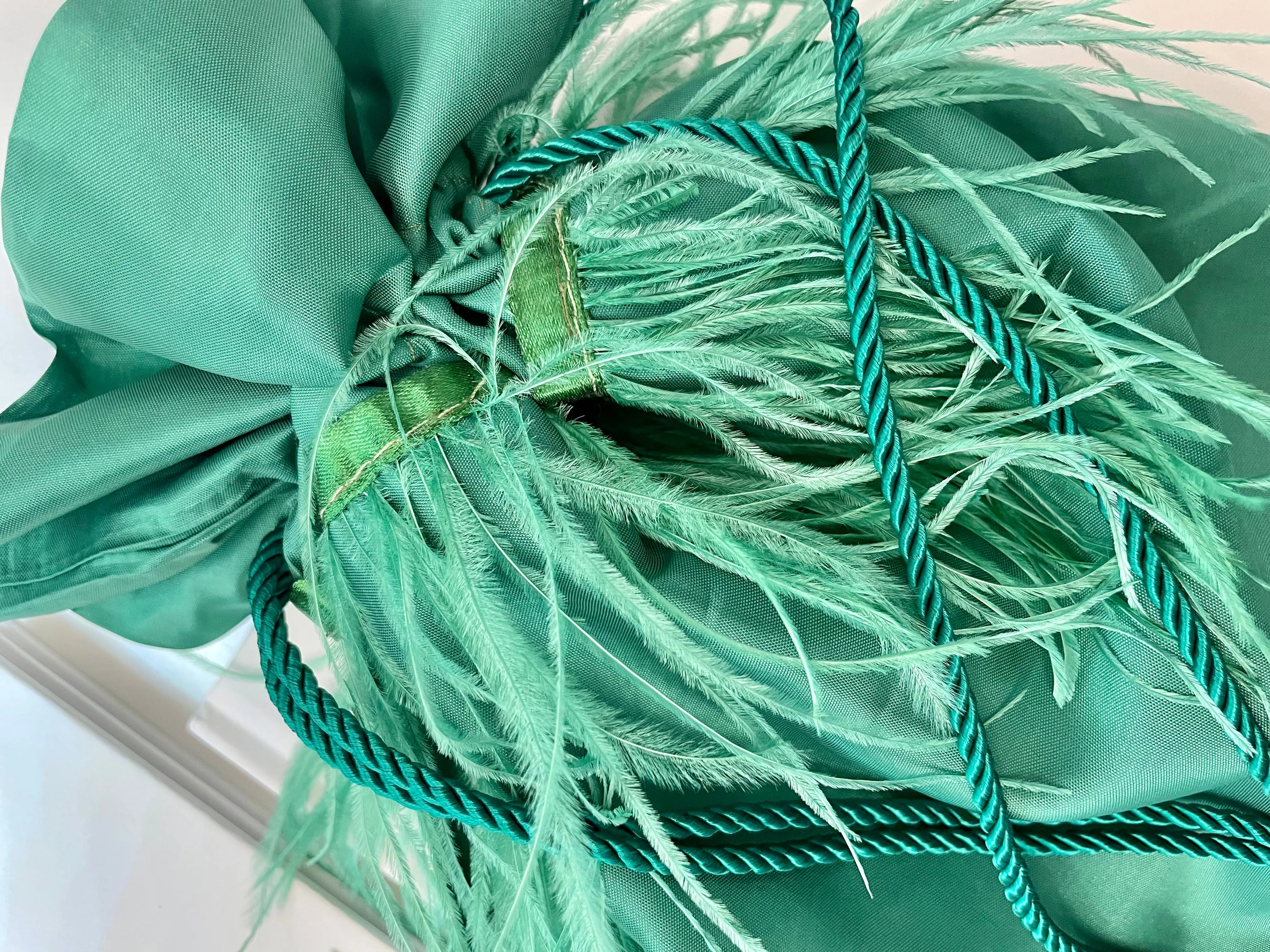 Vintage Italian emerald satin bag, adorned with ostrich feathers...so elegant!