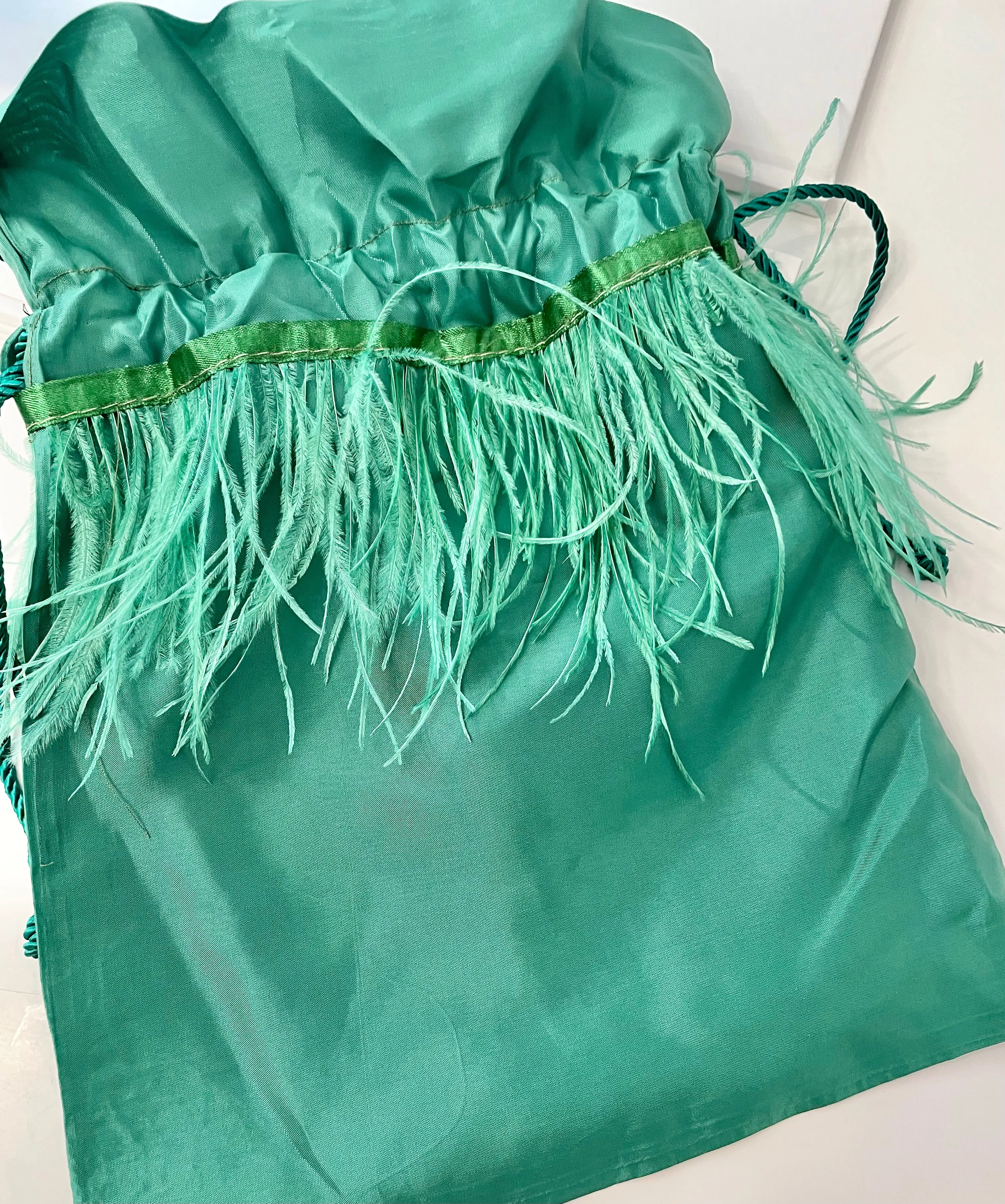 Vintage Italian emerald satin bag, adorned with ostrich feathers...so elegant!