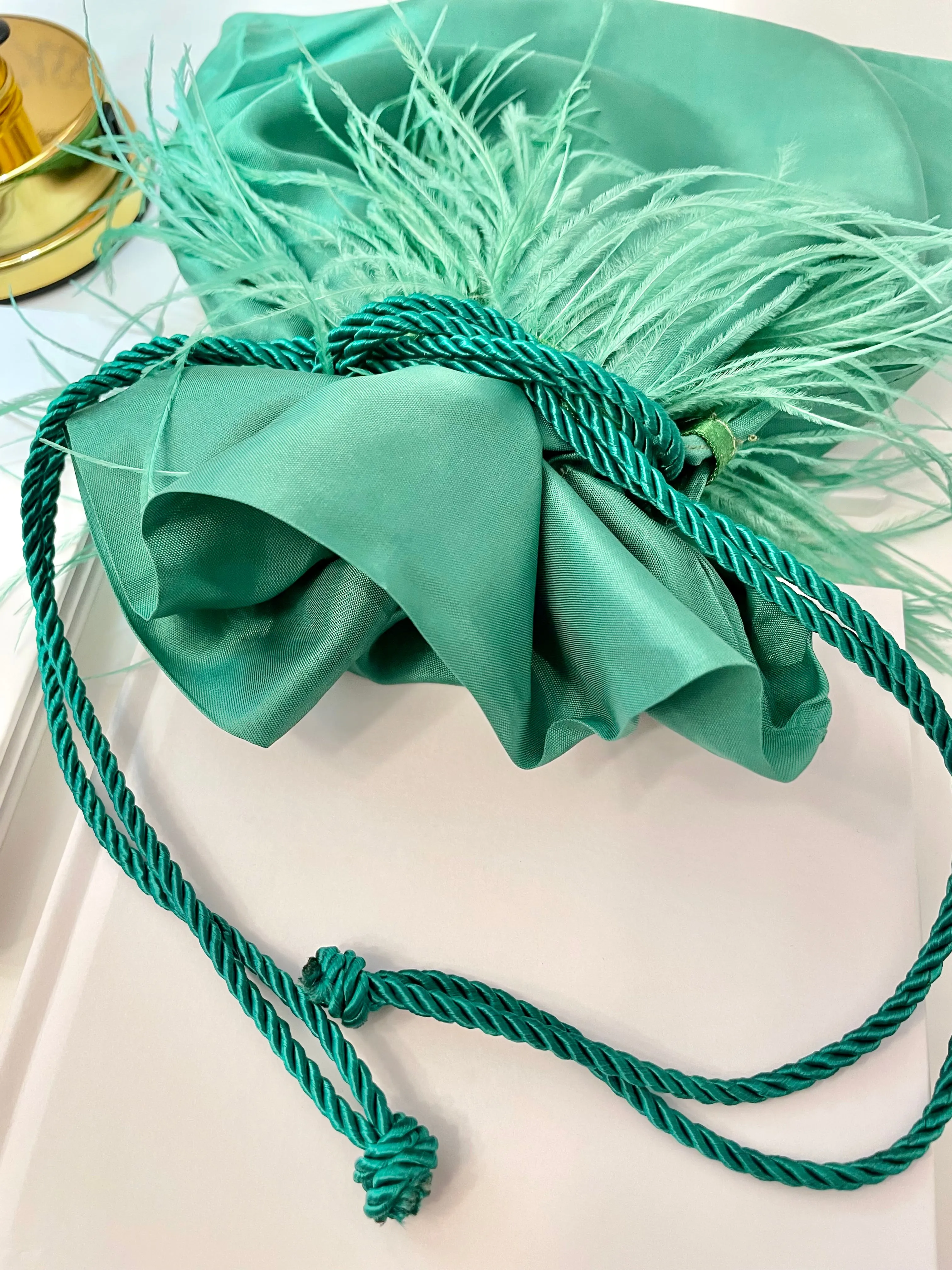 Vintage Italian emerald satin bag, adorned with ostrich feathers...so elegant!