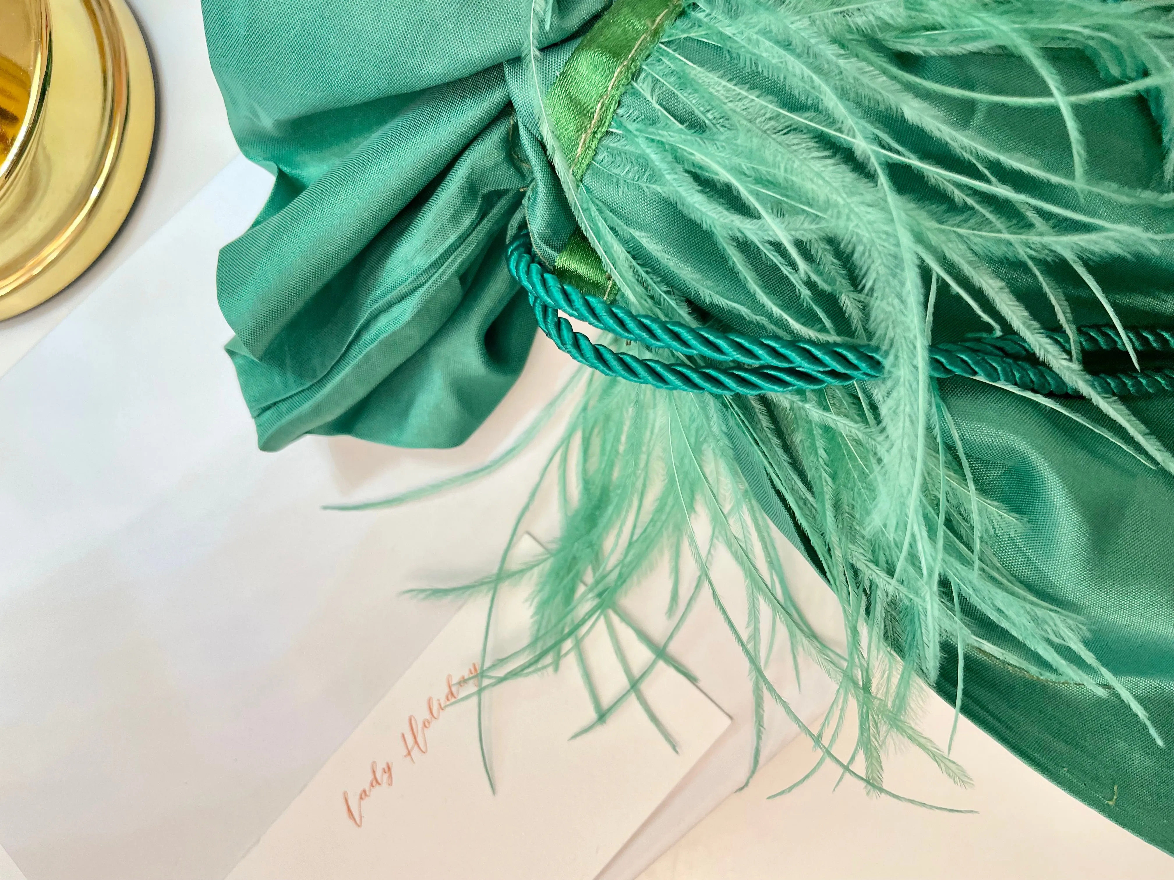 Vintage Italian emerald satin bag, adorned with ostrich feathers...so elegant!