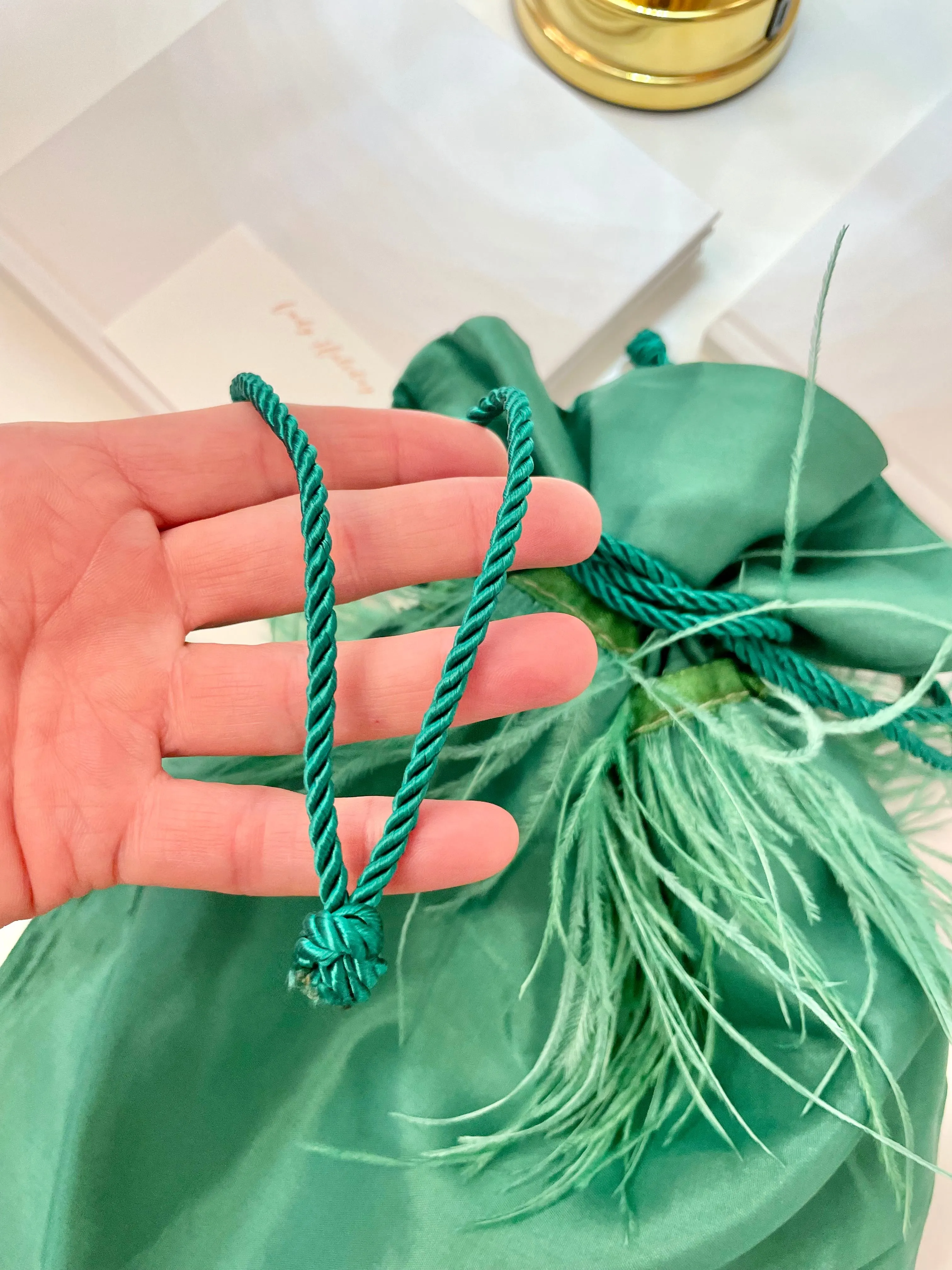 Vintage Italian emerald satin bag, adorned with ostrich feathers...so elegant!