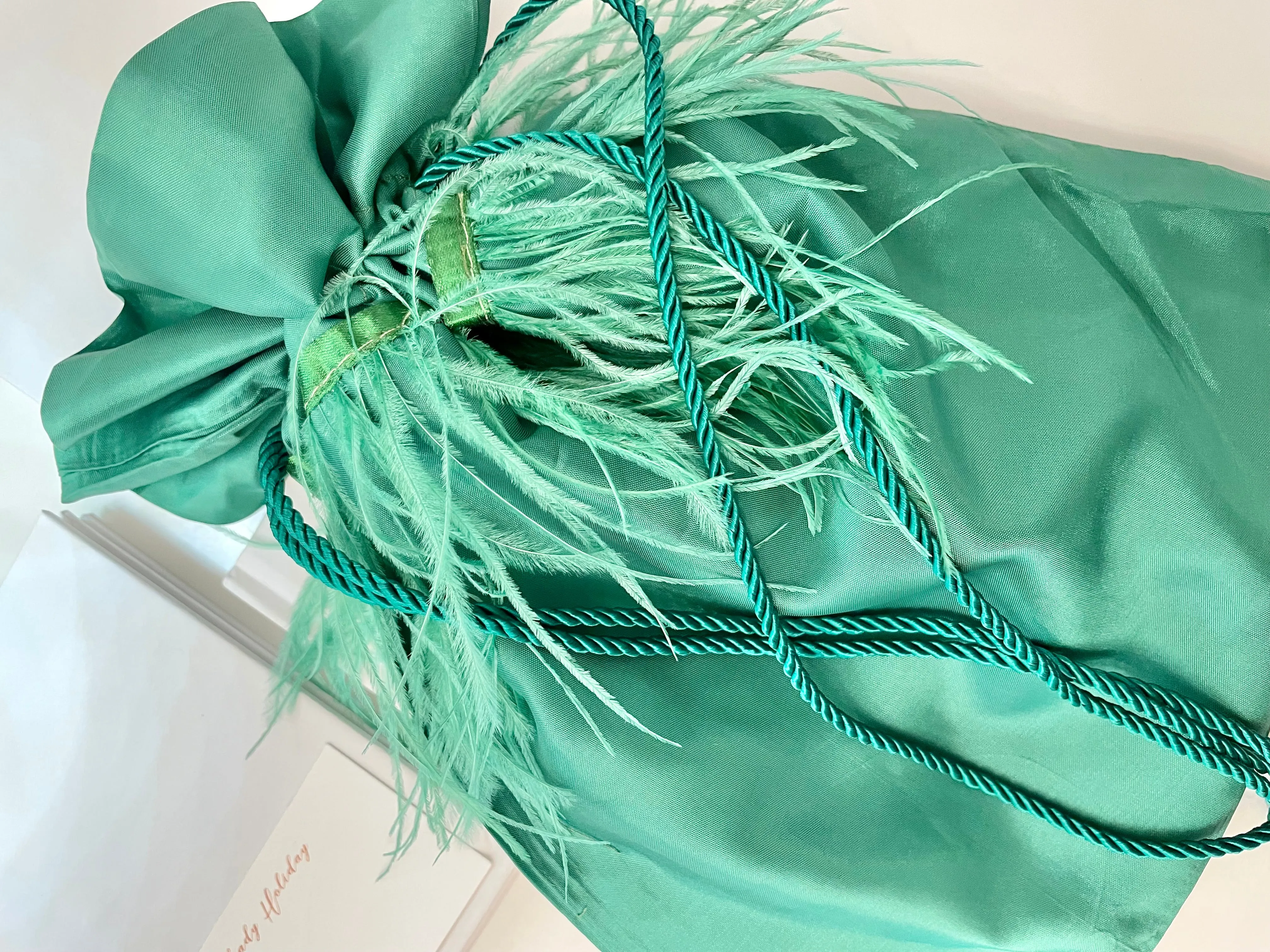 Vintage Italian emerald satin bag, adorned with ostrich feathers...so elegant!