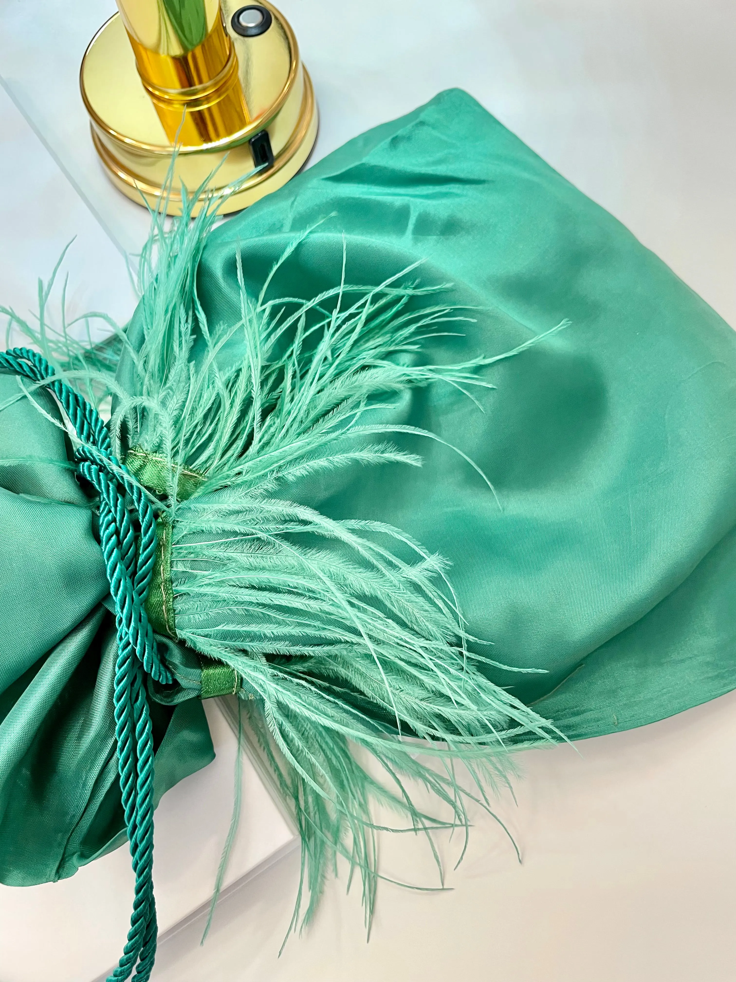 Vintage Italian emerald satin bag, adorned with ostrich feathers...so elegant!