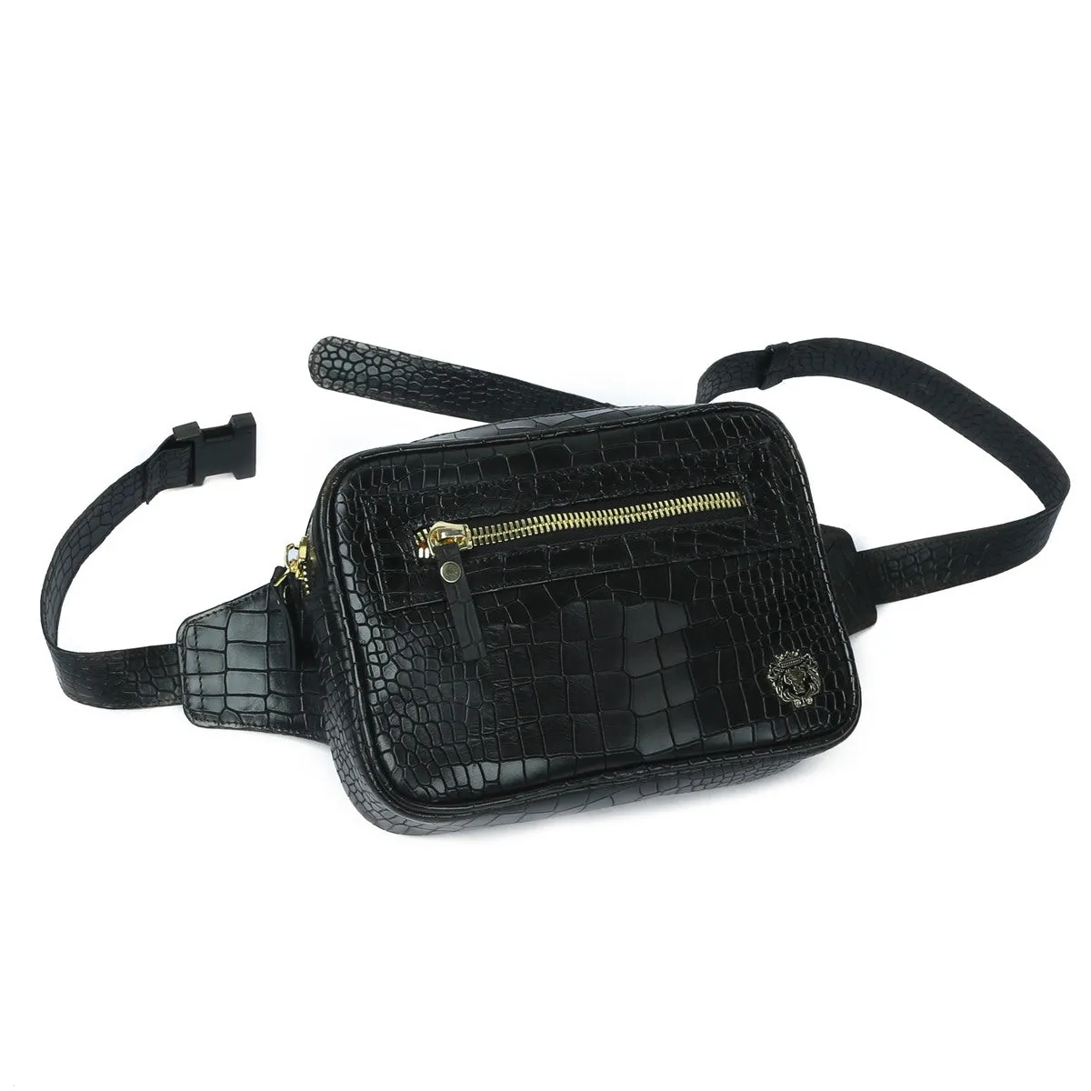 Waist Pack Bag In Squared Shape Black Croco Texture Leather