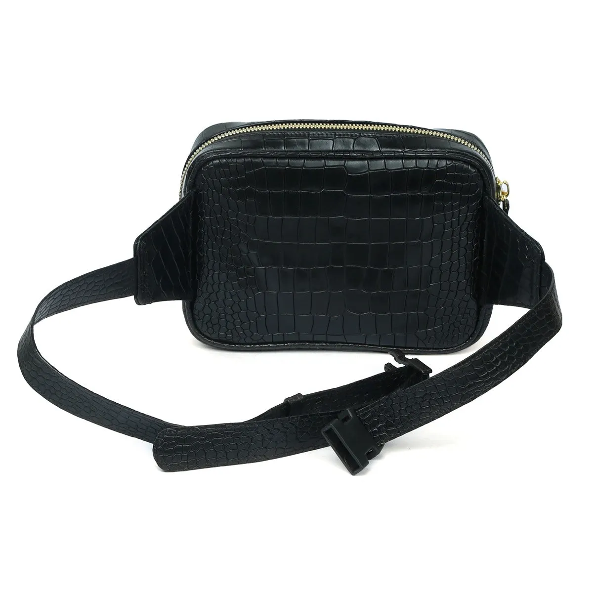 Waist Pack Bag In Squared Shape Black Croco Texture Leather