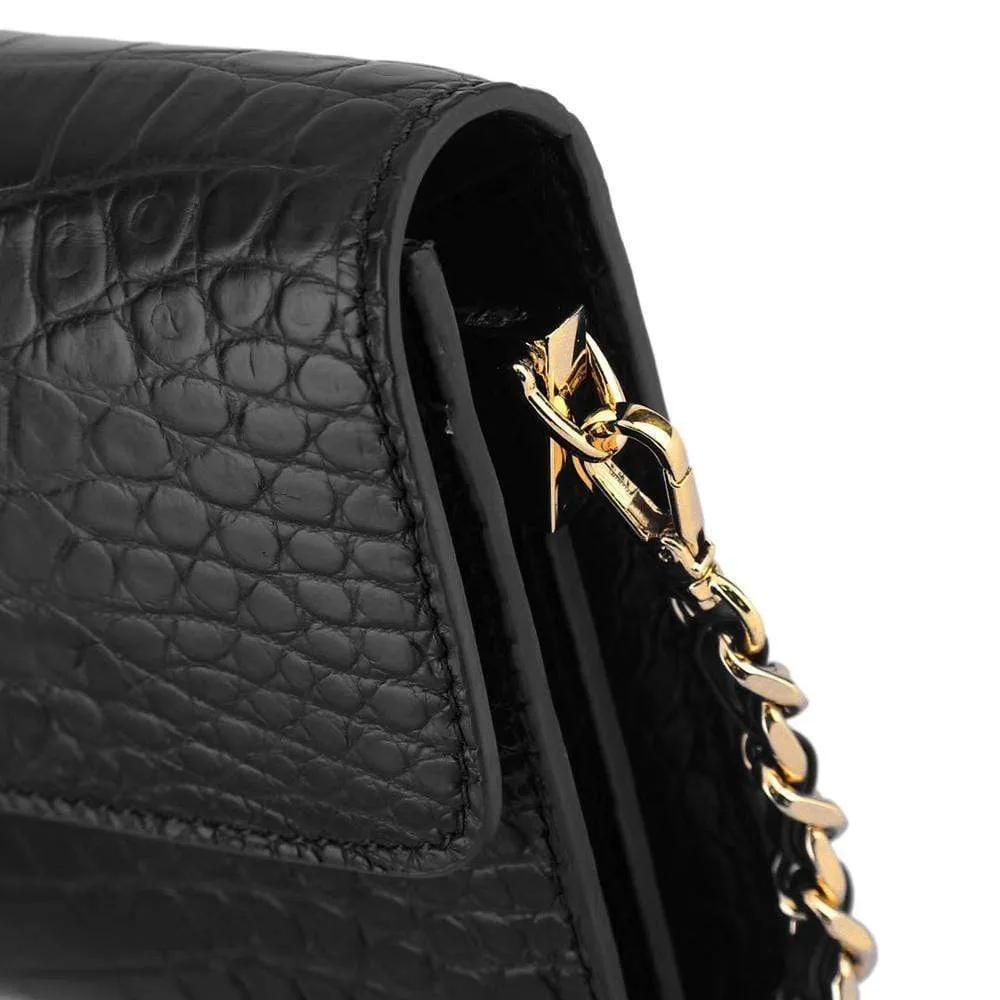 Women's Crocodile Leather  Pouches Chain Pouchette Clutch Bags  Black