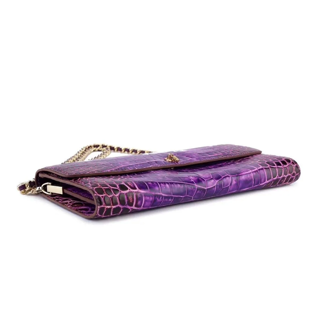 Women's Crocodile Leather  Pouches Chain Pouchette Clutch Bags  Purple