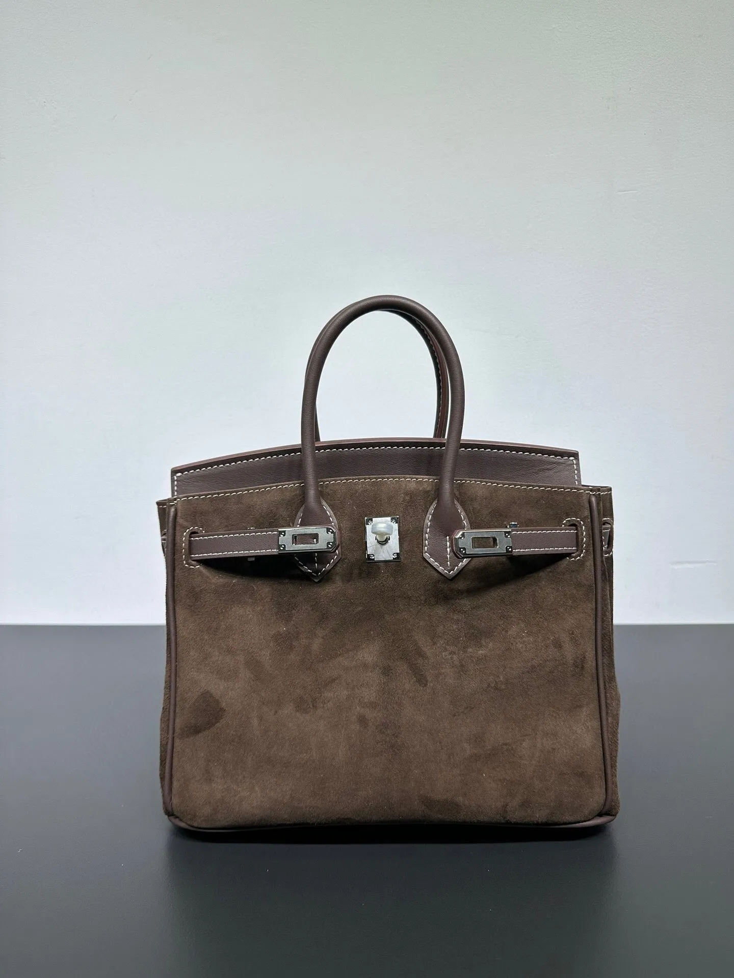 Womens Suede Leather Padlock  Top Handle Bag Brown