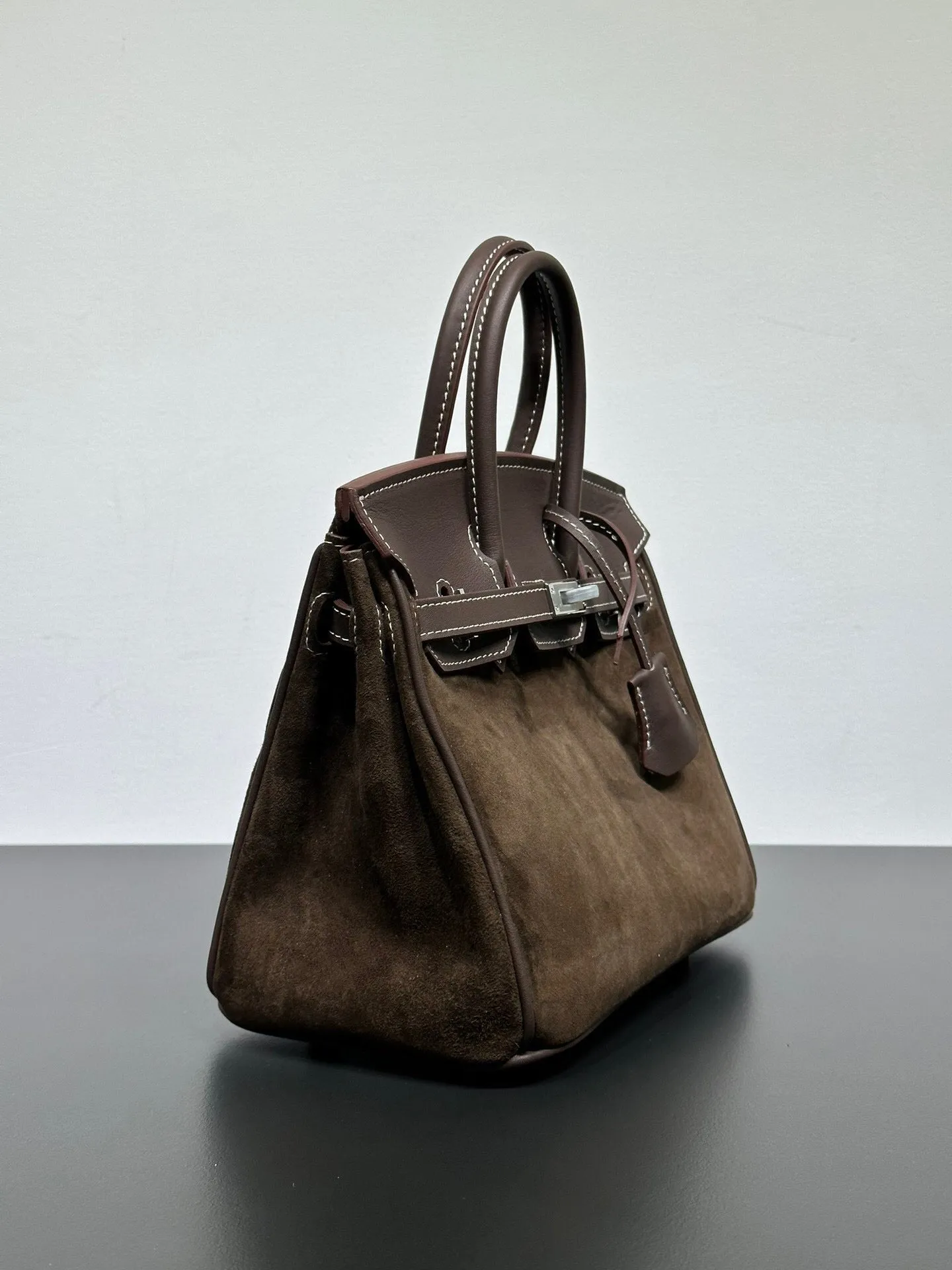 Womens Suede Leather Padlock  Top Handle Bag Brown