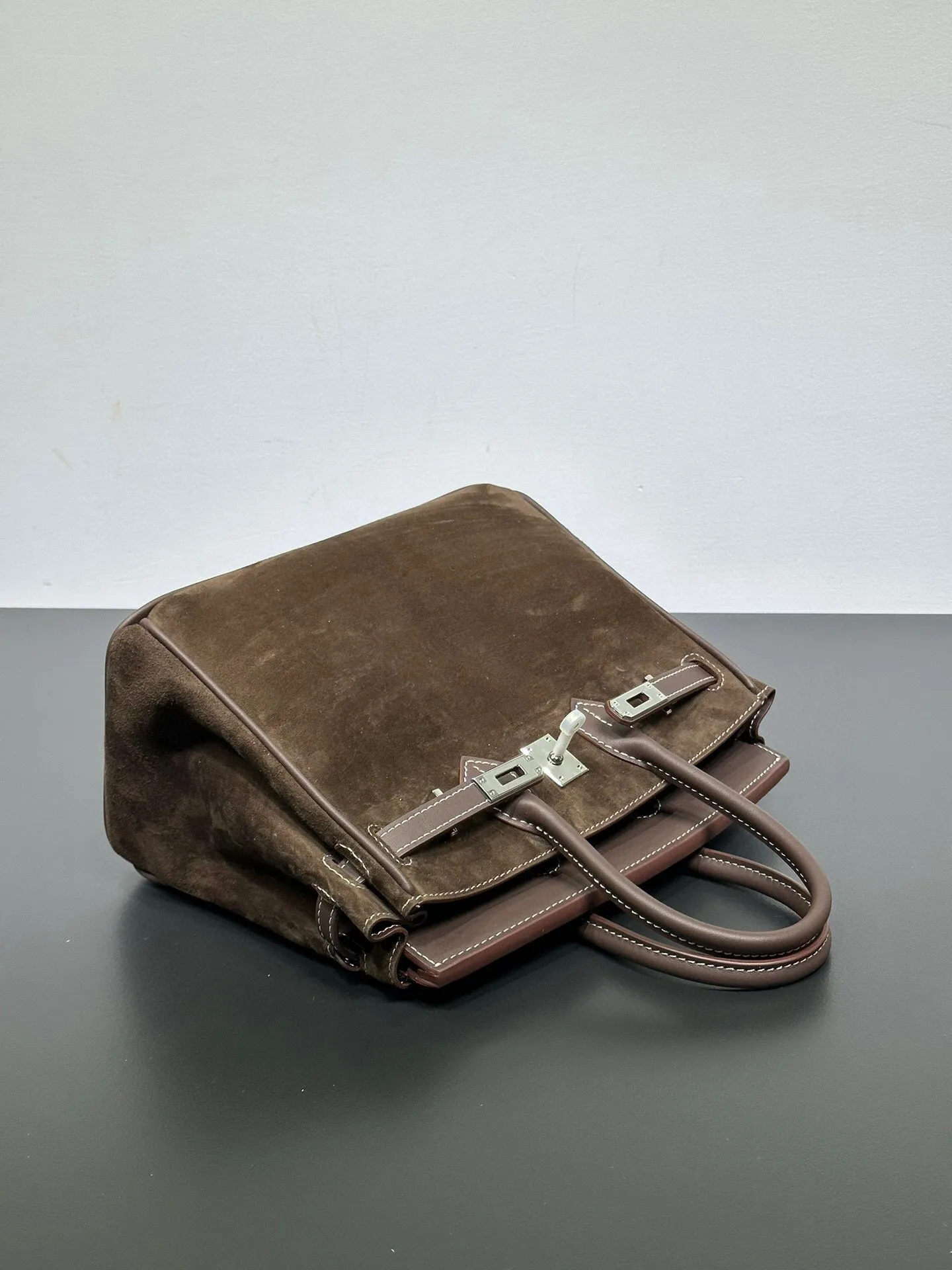 Womens Suede Leather Padlock  Top Handle Bag Brown