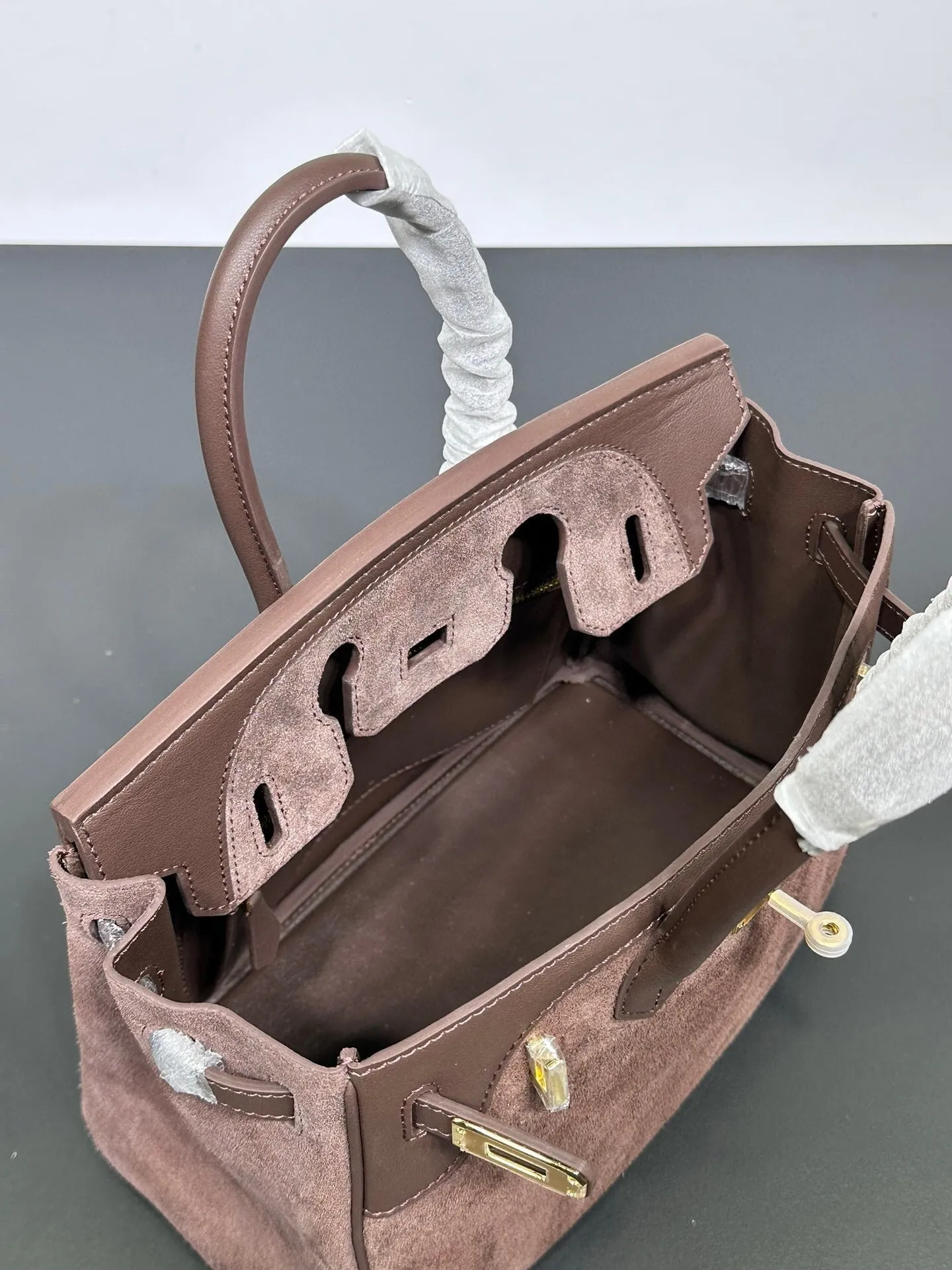 Womens Suede Leather Padlock  Top Handle Bag Brown