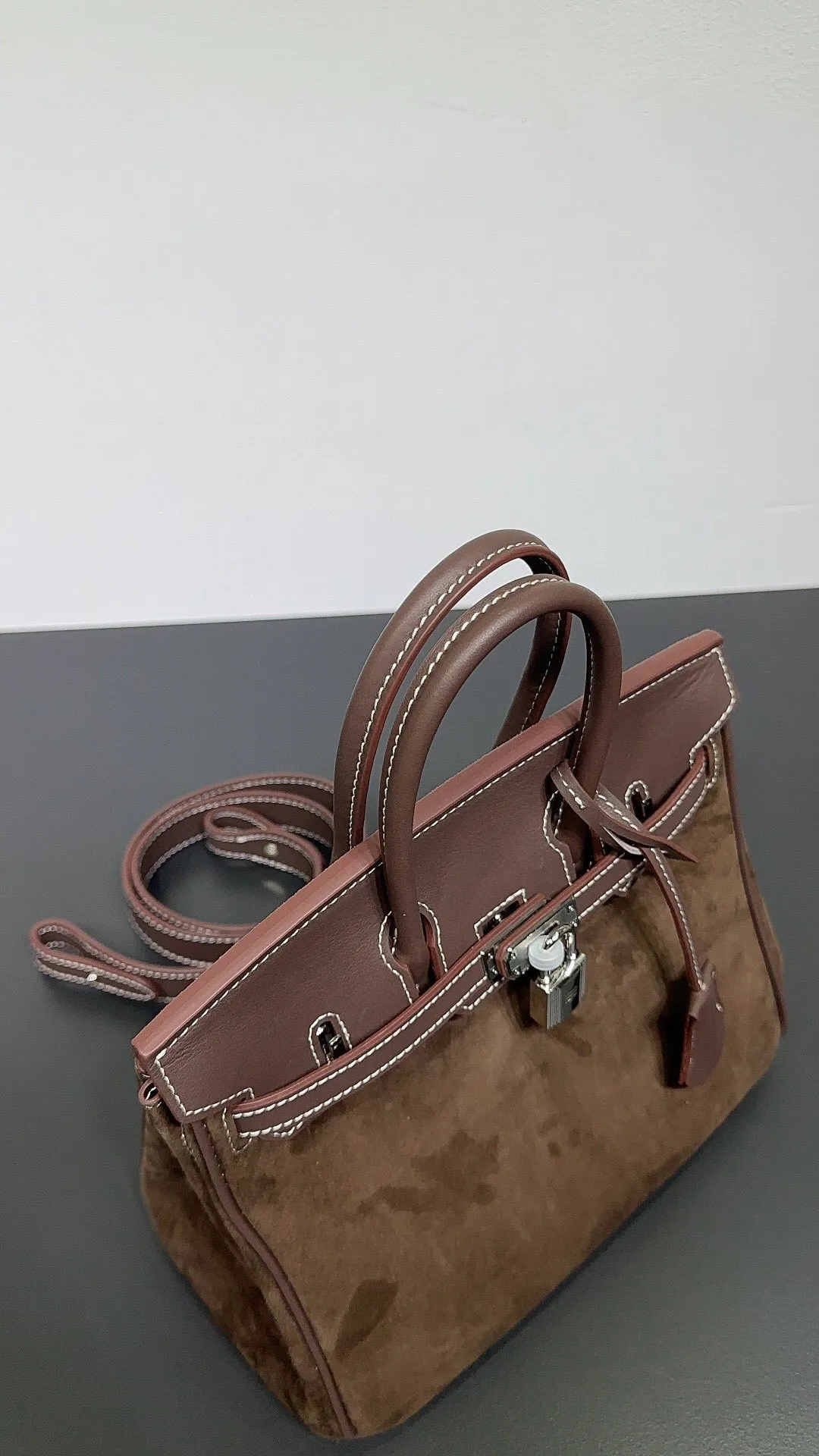 Womens Suede Leather Padlock  Top Handle Bag Brown