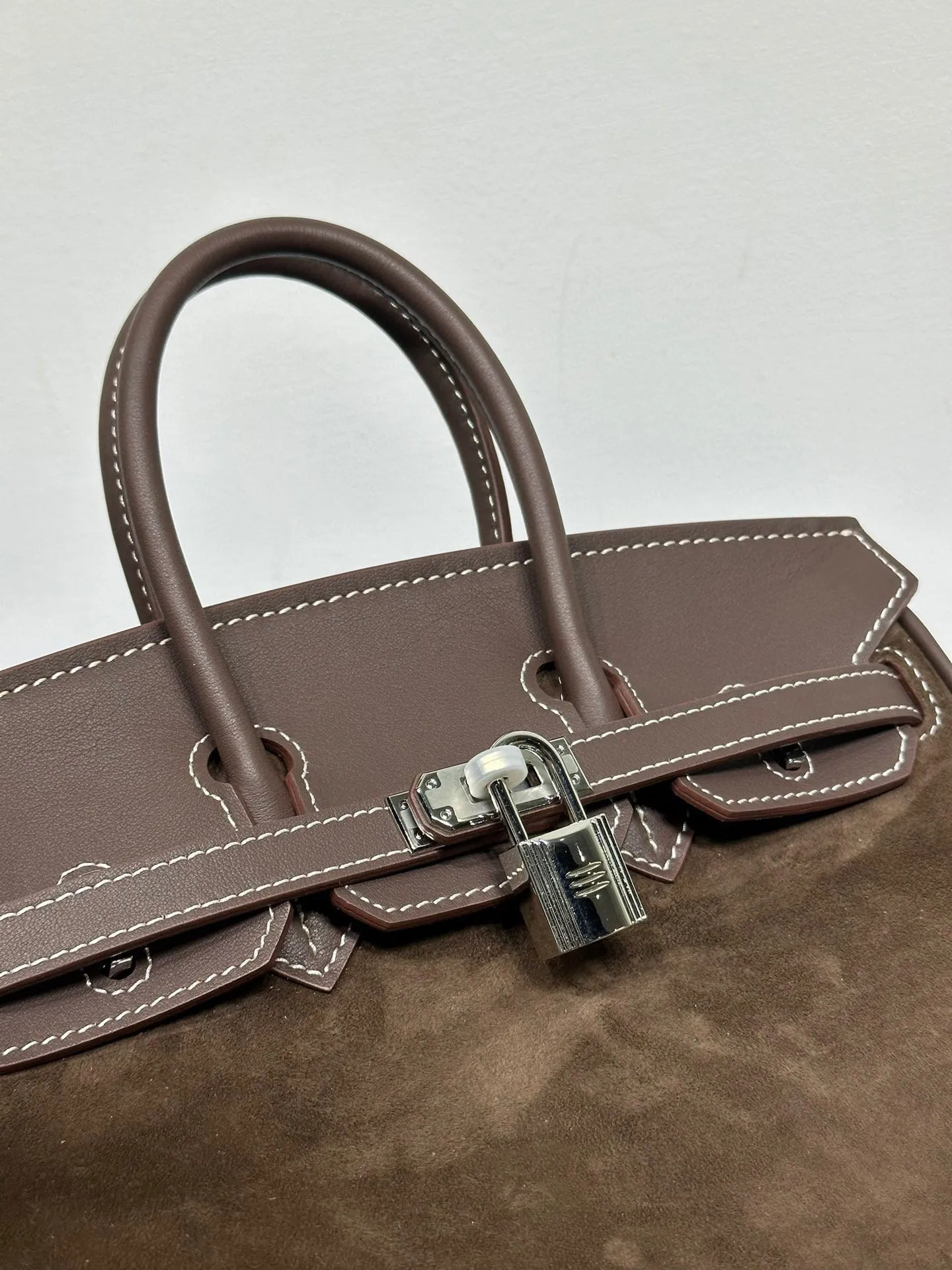 Womens Suede Leather Padlock  Top Handle Bag Brown