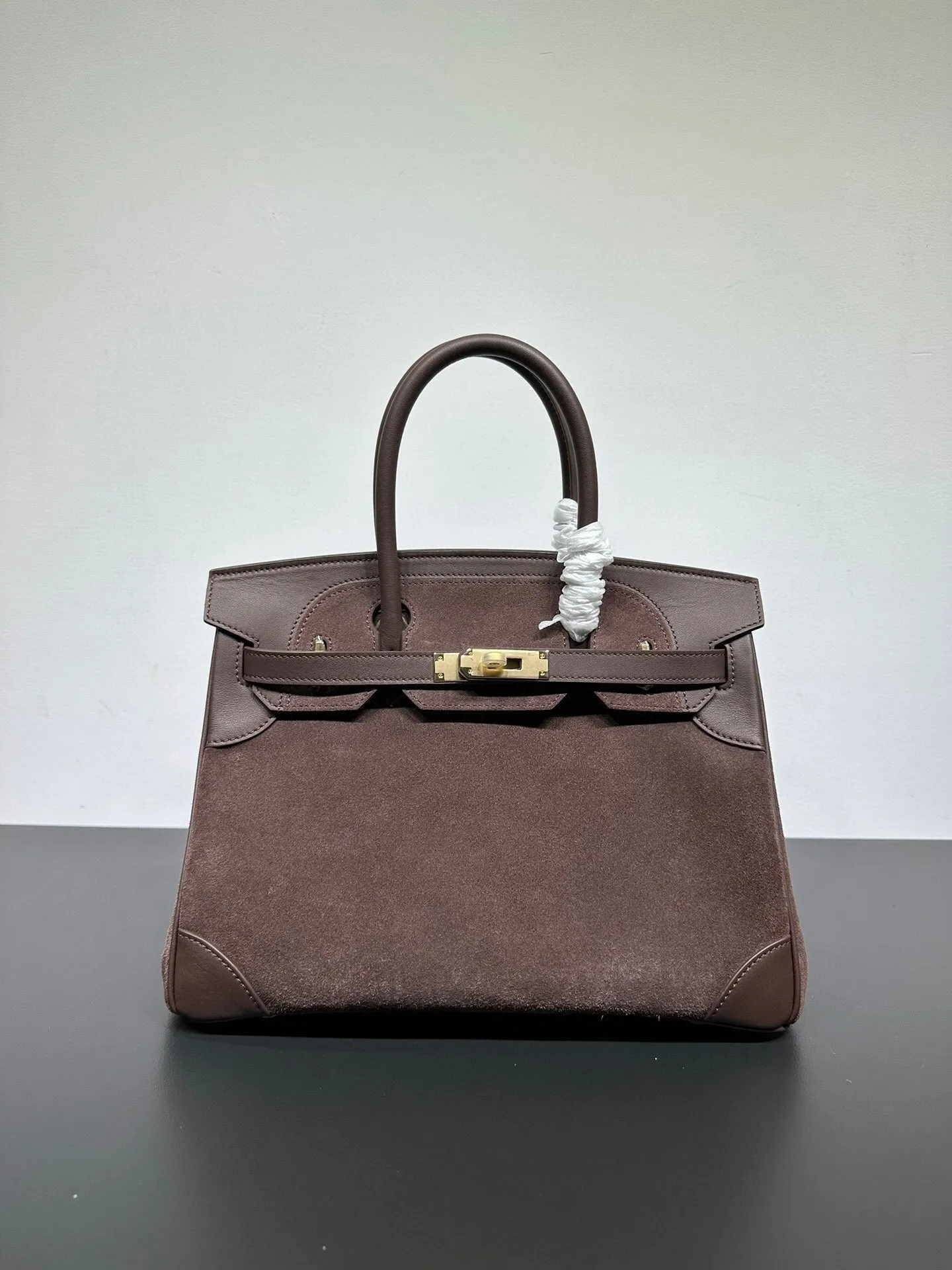 Womens Suede Leather Padlock  Top Handle Bag Brown